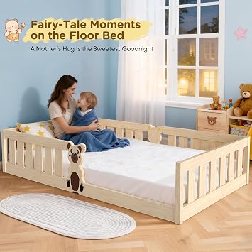 Toddler Bed Floor Bed, 200×90cm Fall-Out Protection Frame Natural Wood 100kg Load Capacity Develops Confidence & Life Skills, Montessori Design Boys & Girls (W/O Canopy-90 * 200-Natural)