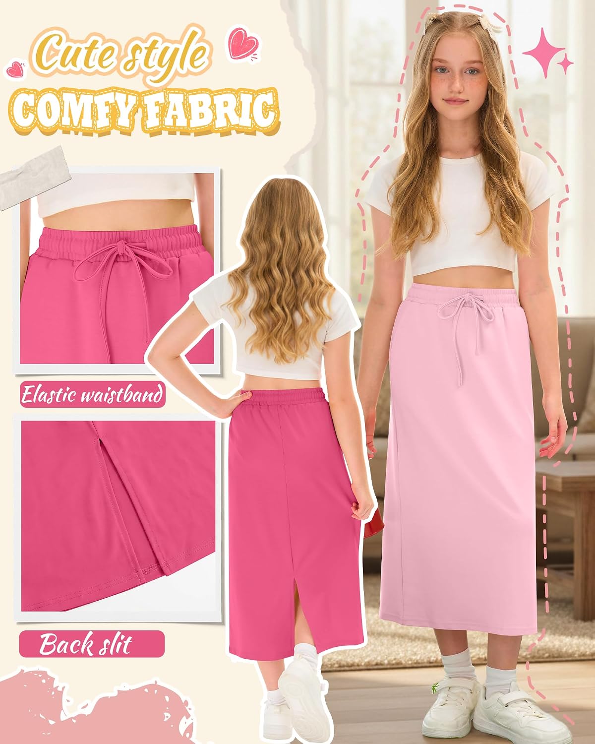 Yooo's Vivi 4 Pack Girl’S Maxi Long Skirts Elastic Waist Drawstring Casual Ankle Sweat Skirts with Pockets Kids 5-16 Years