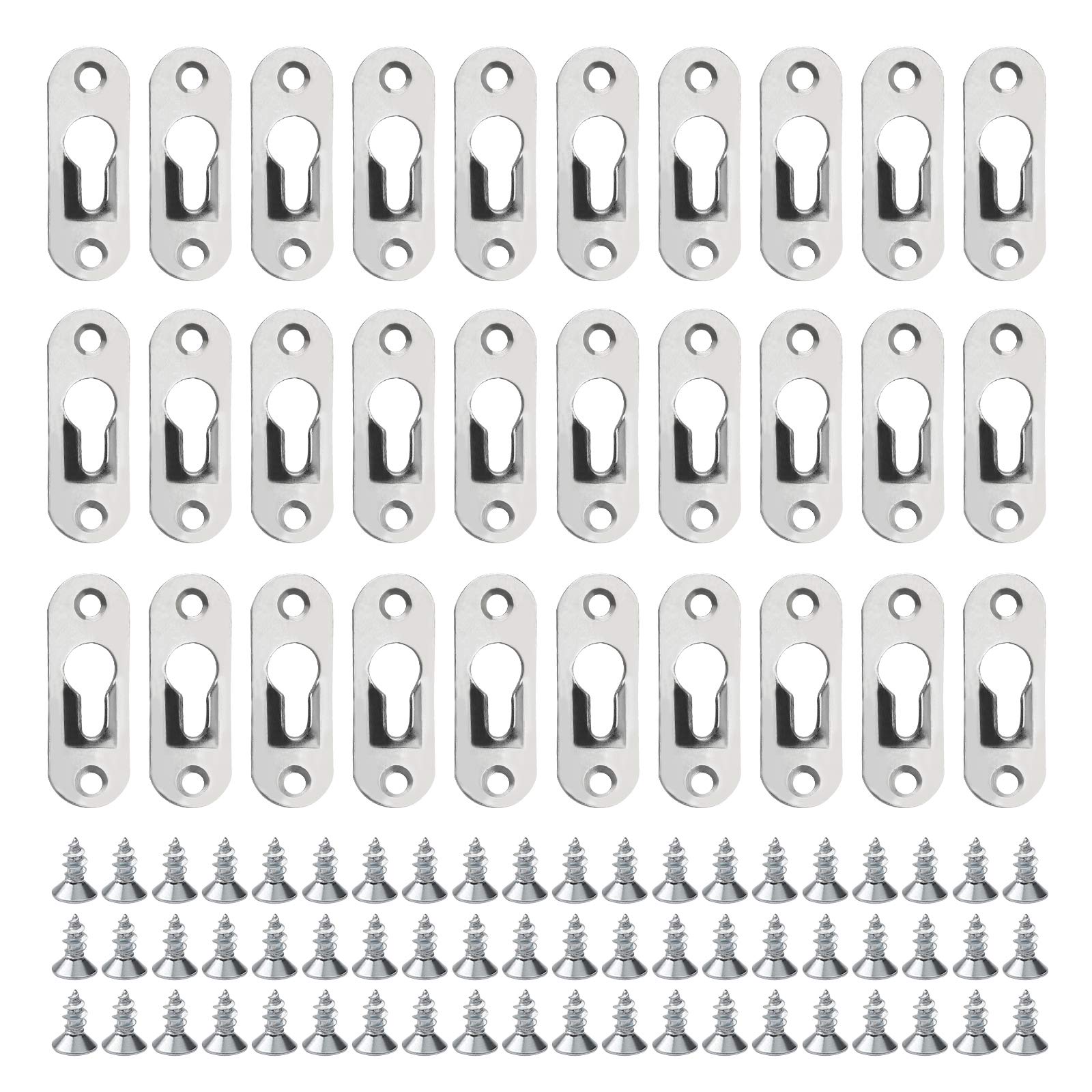 Juibao Silver 30 Pieces Picture Hangers Keyhole Hanger Fasteners For Picture Frames With 60 Pieces Screws And Storage Box, Iron, 44Mm