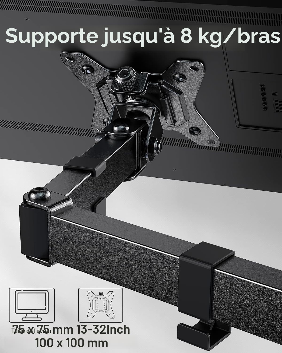 ErGear Support Double Écran PC 13"-32" Inclinaison ±45° Rotation 360° Poids Max 8 kg Gaming