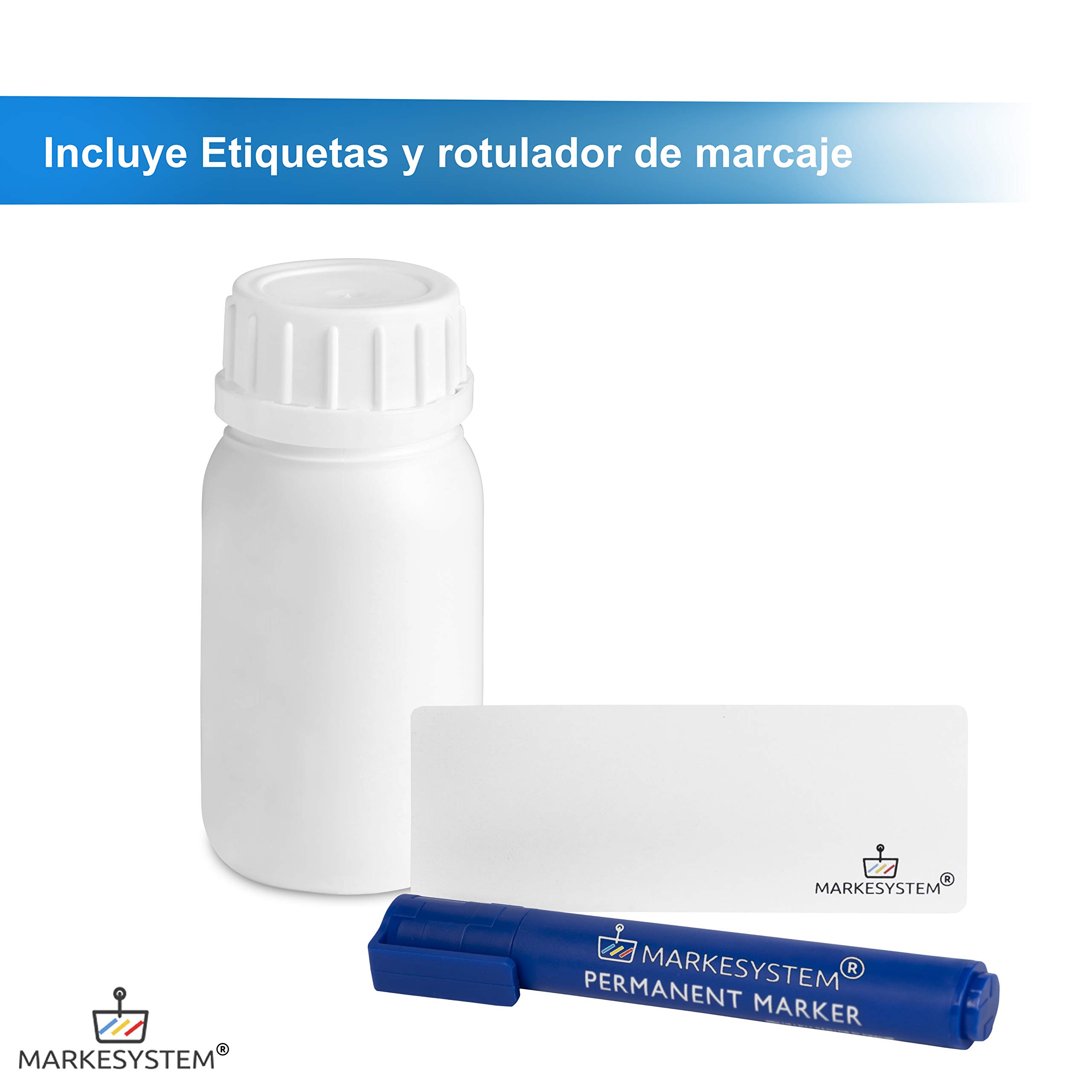 Botella blanca 250 ml (50 botellas) de plástico, cierre rosca boca ancha - Catering Industrial, Líquidos, Cosmética, Químicos, ADR + Kit Etiquetado, Apta para uso alimentario.