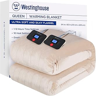 Westinghouse Electric Blanket Queen Size, Super Cozy Soft Flannel 84"" x 90"" Heated Blanket with 10 Fast Heating Levels & 1-12 Auto-Off, Machine Washable, ETL&FCC Certification, Beige