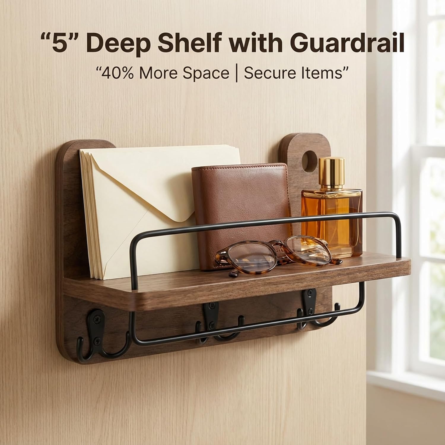 REFGY Key Holder for Wall with Shelf - 5.1" Deep Large Mail Organizer Wall Mount with 3 Heavy-Duty Dual Hooks & Safety Guardrail - Rustic Wood Wall Shelf for Entryway, Kitchen, Office