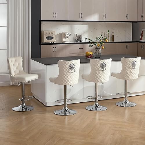 Miniatura 125 de Juego de 4 taburetes de bar giratorios ajustables de terciopelo con respaldo copetudo, ribete de cabezas de clavos y anillo de tracción, sillas de