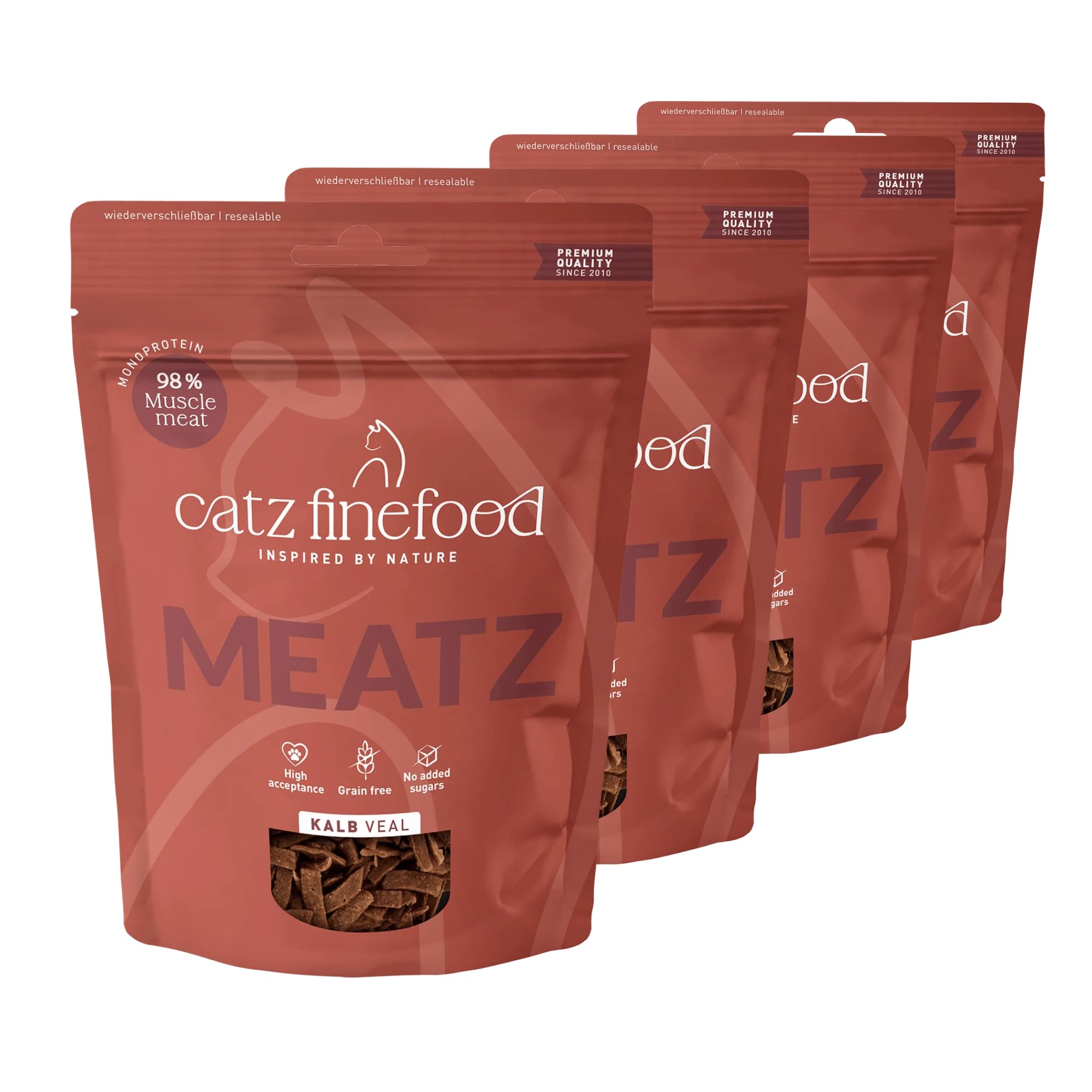 catz finefood Meatz Przysmaki dla kotów cielęcina, nr 5 - chrupiące paski z cielęciny - grillowane i suszone - przekąska dla kota bez cukru, bez zbóż (4 x 45 g)