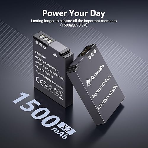 Miniatura 2 de Powerextra EN-EL12 - Batería y cargador compatibles con Nikon Coolpix A1000, B600, Coolpix AW130, A900, W300, S1200pj, S9900, S9500, S9300, S9200,