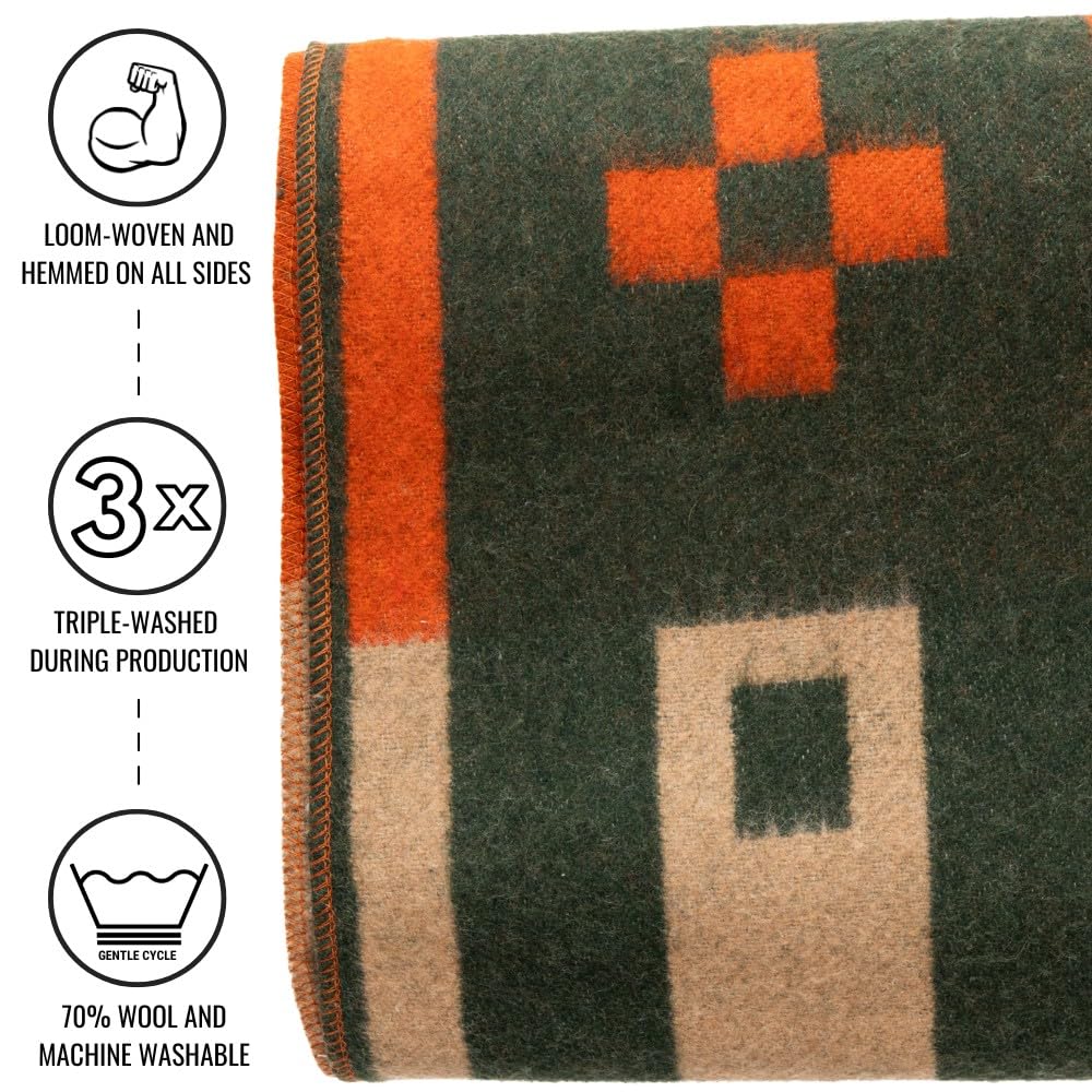 Arcturus - Rainier - Manta de lana cálida, gruesa, lavable para hogar, exterior, camping, eventos, pícnic, caza, viajes y kits de emergencia, tamaño individual, 2 kg, verde/naranja/beige (Lone Pine)