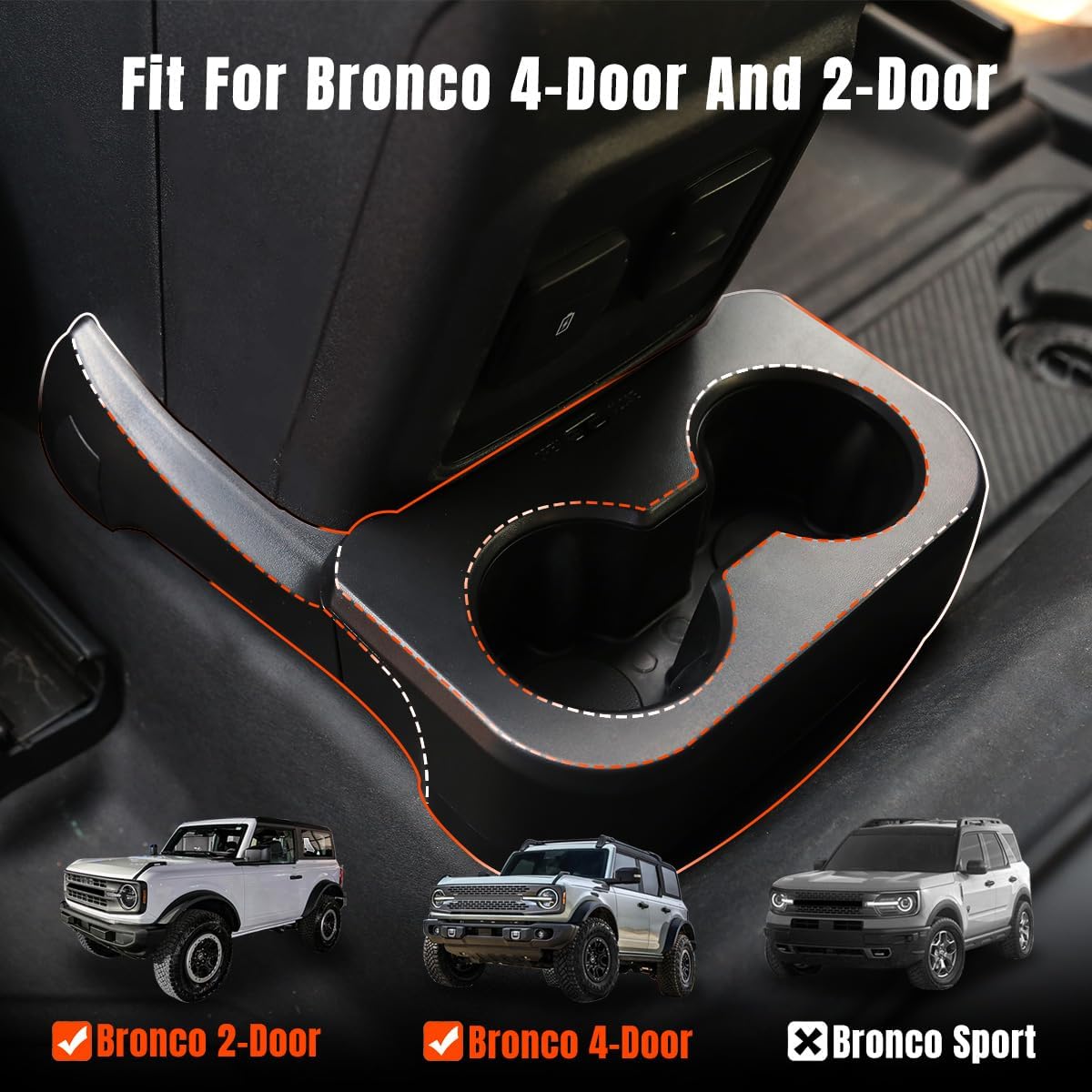 Bronco Rear Dual Cup Holder Expander – Removable Spill-Proof Drink Organizer with Storage Tray, Compatible with 2021-2023 Bronco 2/4-Door