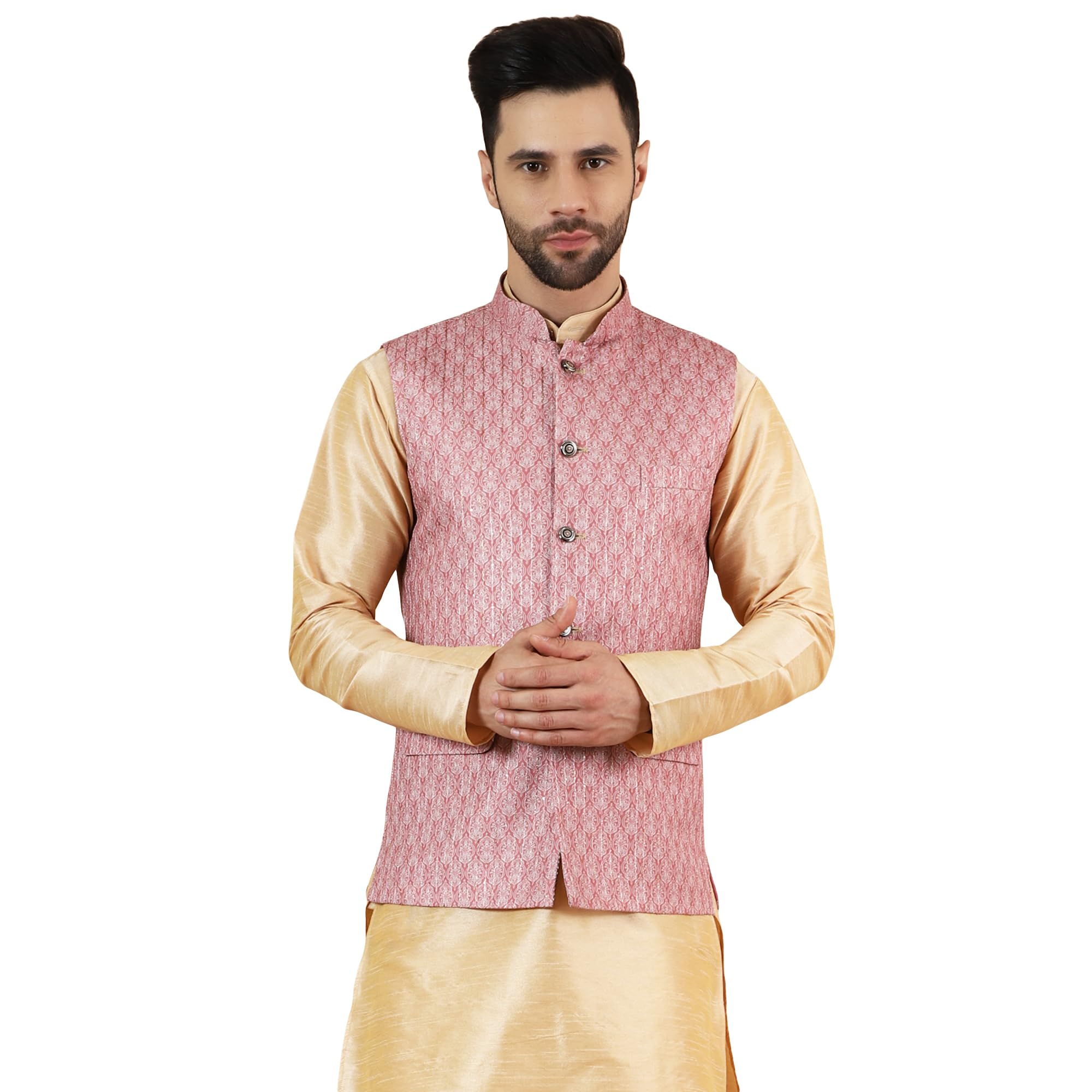 wintage Men's Digital Print Cotton Silk Pink Modi Nehru Jacket-picture-51