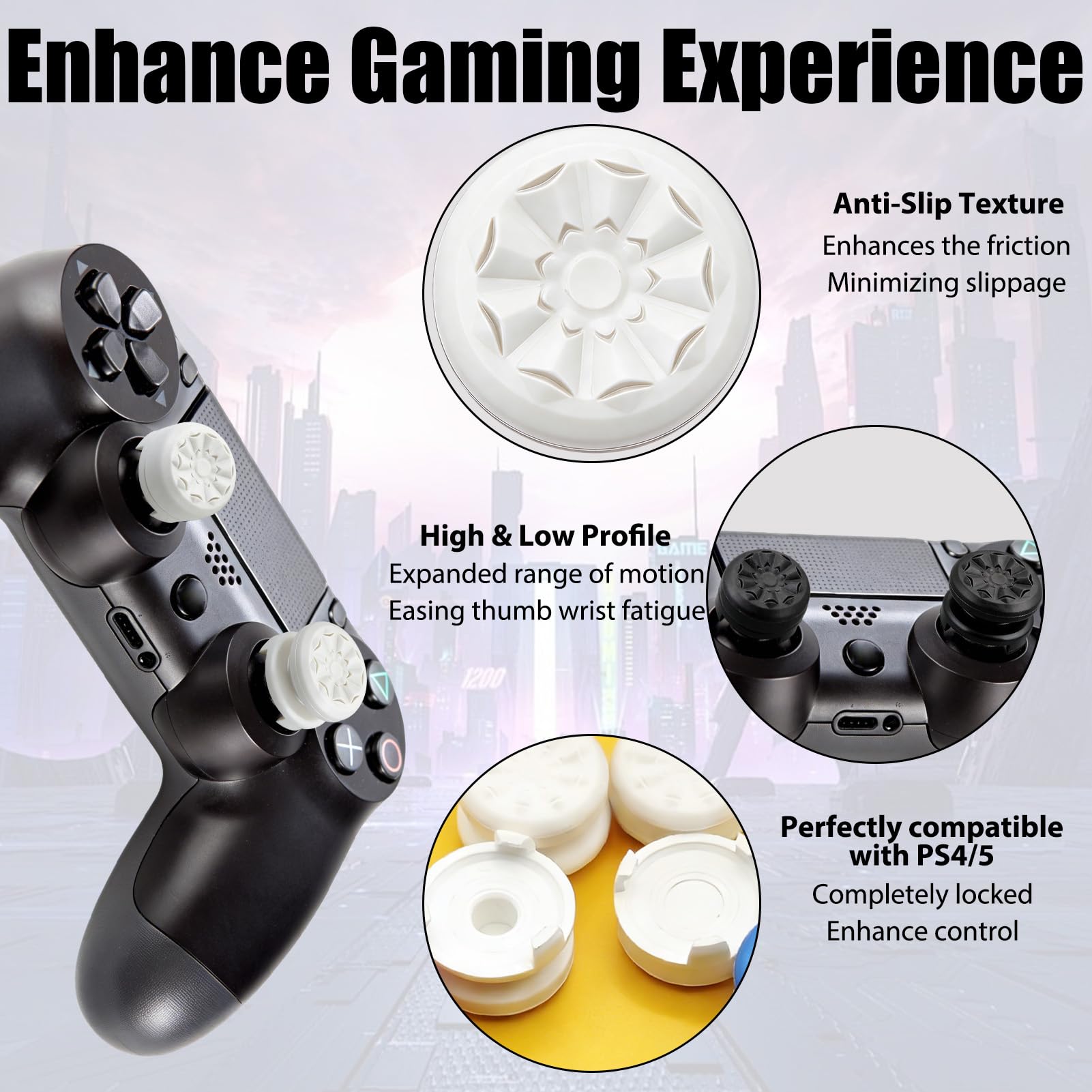 FPS White Thumb Grips for PS4 PS5 Controller, Performance Silicone Thumbsticks High-Rise & Mid-Rise for Playstation 4 Playstation 5 Joystick Grips Thumb Stick Caps to Improve Accuracy Comfort 2Pcs — view 3