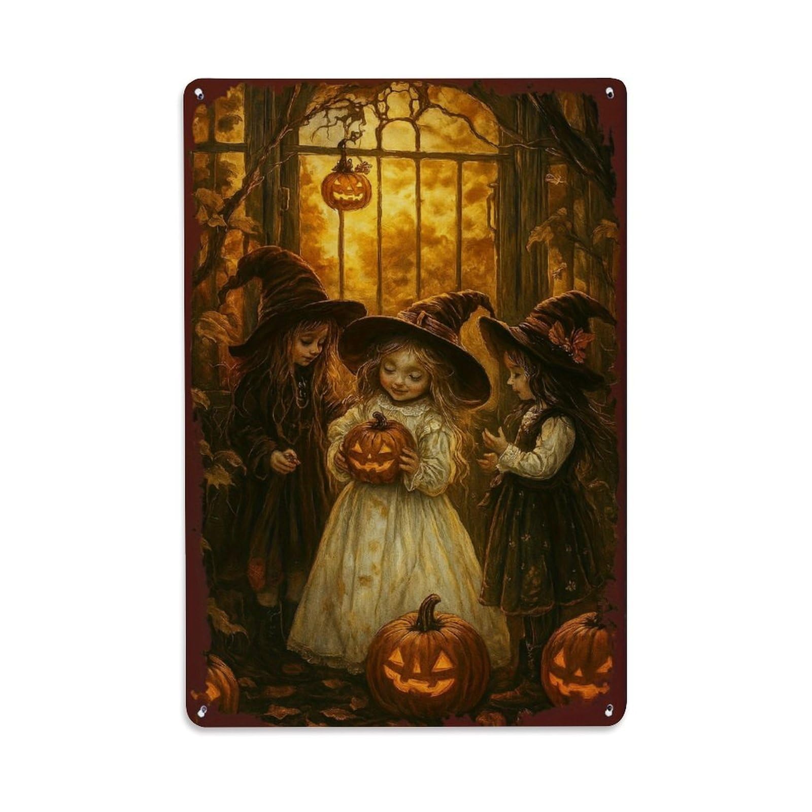 Jdfenggu Vintage Three Witches Holding Pumpkin Lanterns Retro Metal Tin Sign, Metal Poster For Bar, Home, Man Cave, Kitchen, Laundry Room Art Decor 8X12 Inch