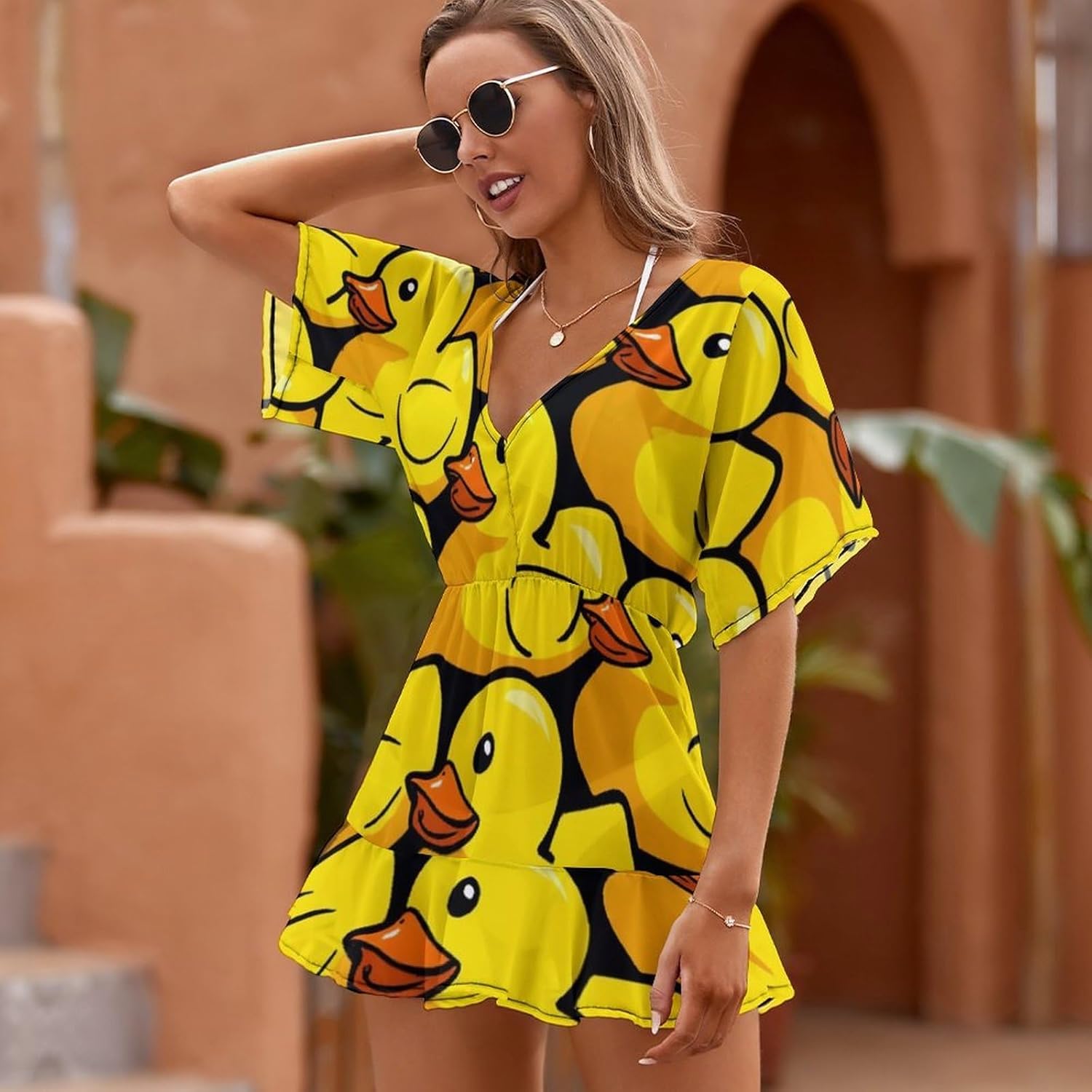 Womens Short Sleeve Swimsuit Coverup Flowy V Neck Bathing Suit Cover Up Chiffon Beach Dress Shirt
