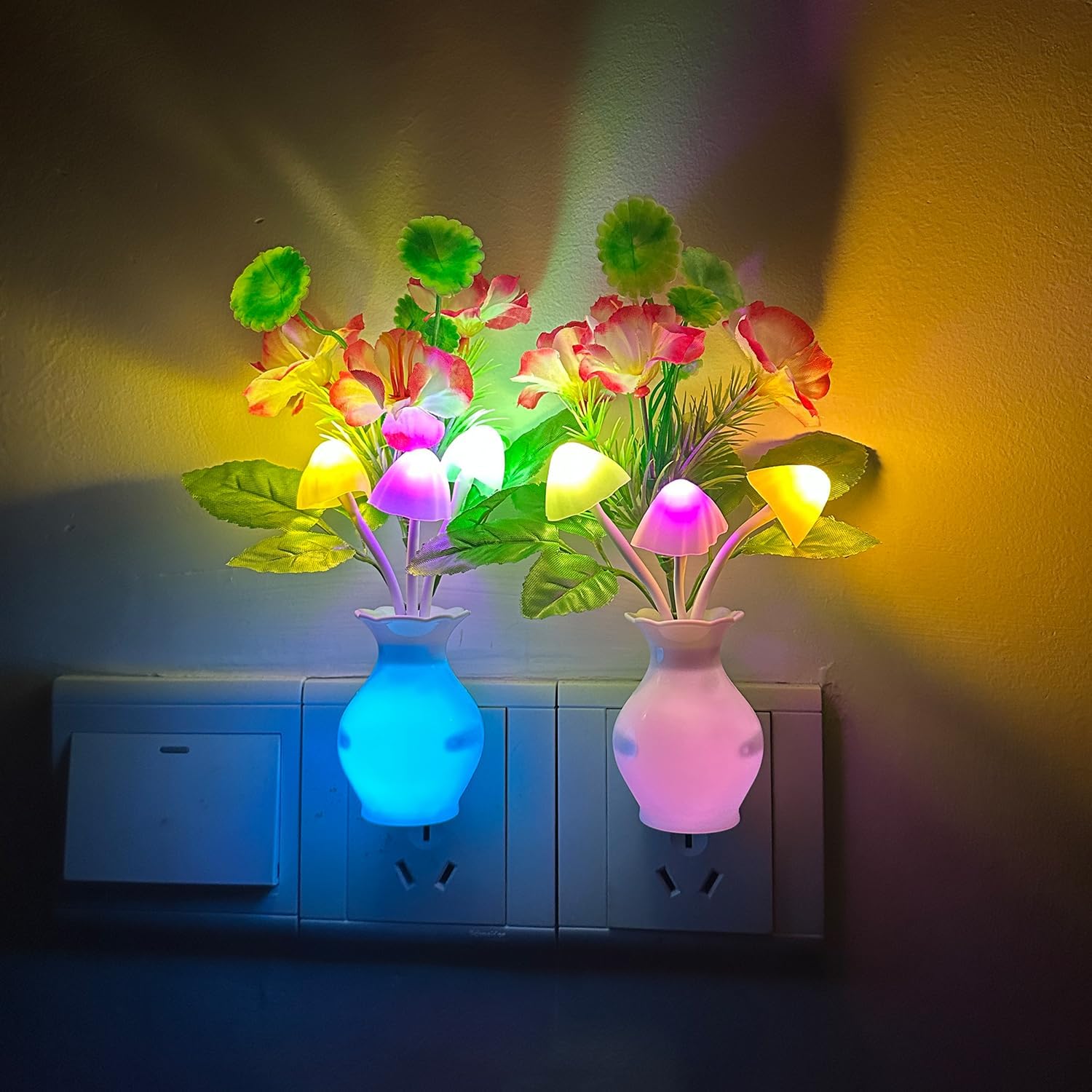 Sensor LED Night Light, Color Changing Flower Night Light Plug-in Wall Based Mushroom Lamp, Gift for Kids Adults, Cute Flower Nursery Light for Bedroom, Bathroom, Kitchen, Hallway and Stairs