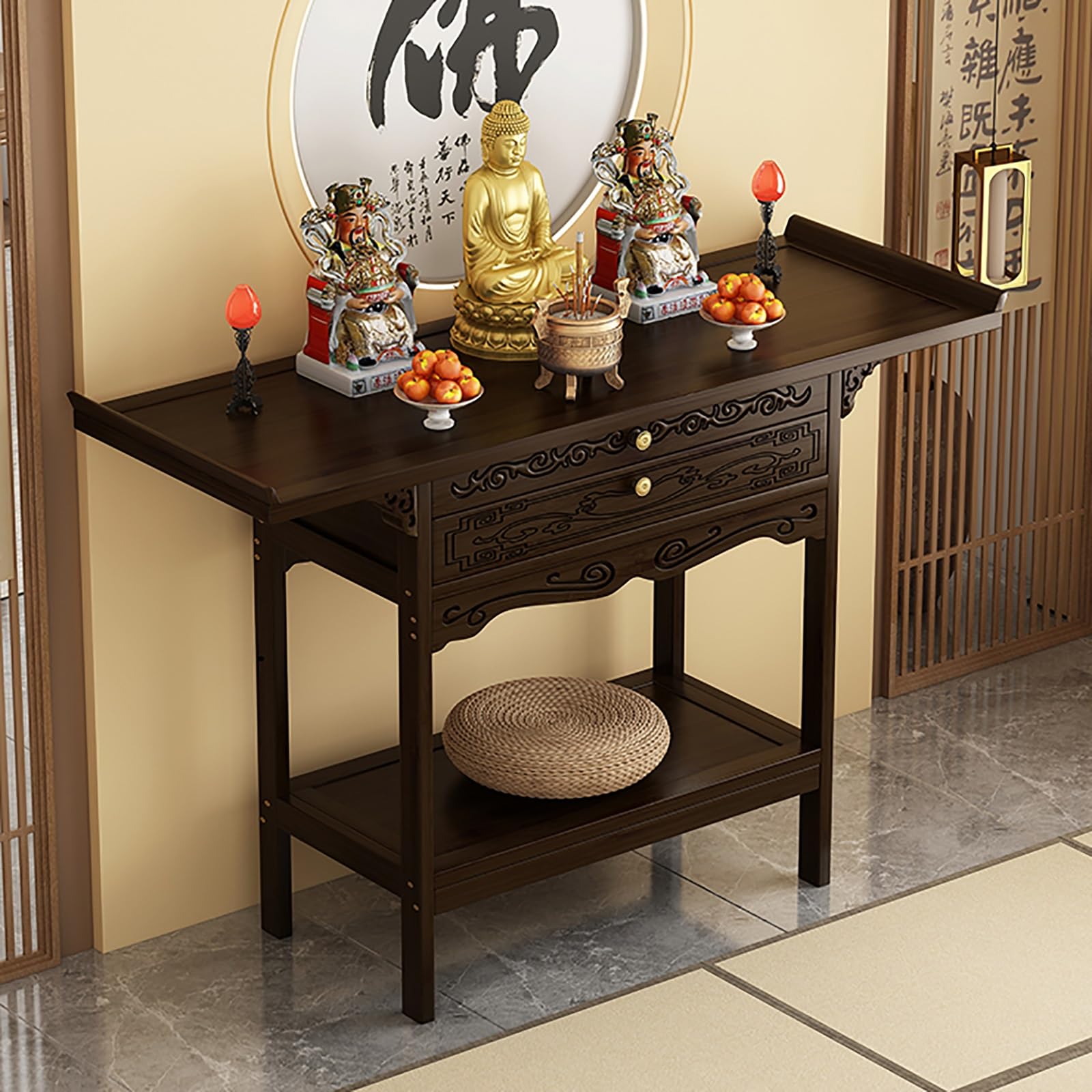 JNTFNE Meditation Altar Table with Storage, Chinese Style Shrine Drawer, Carved Buddha Statue Offering Table, for Homes Temples Ancestral Halls(Brown,80cm/31.5in)