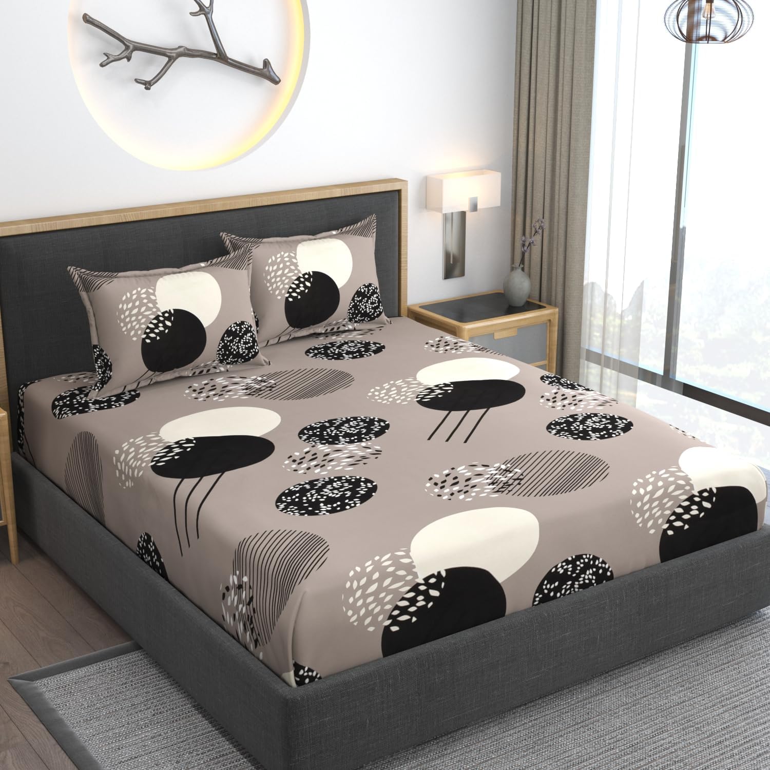 THE HOME STYLE Cotton Feel Glace Cotton Elastic Fitted Printed Queen Size Double Bed Bedsheet with 2 Pillow Cover Fits Upto 8 Inches Mattress (60"x78", Lunar Circle)