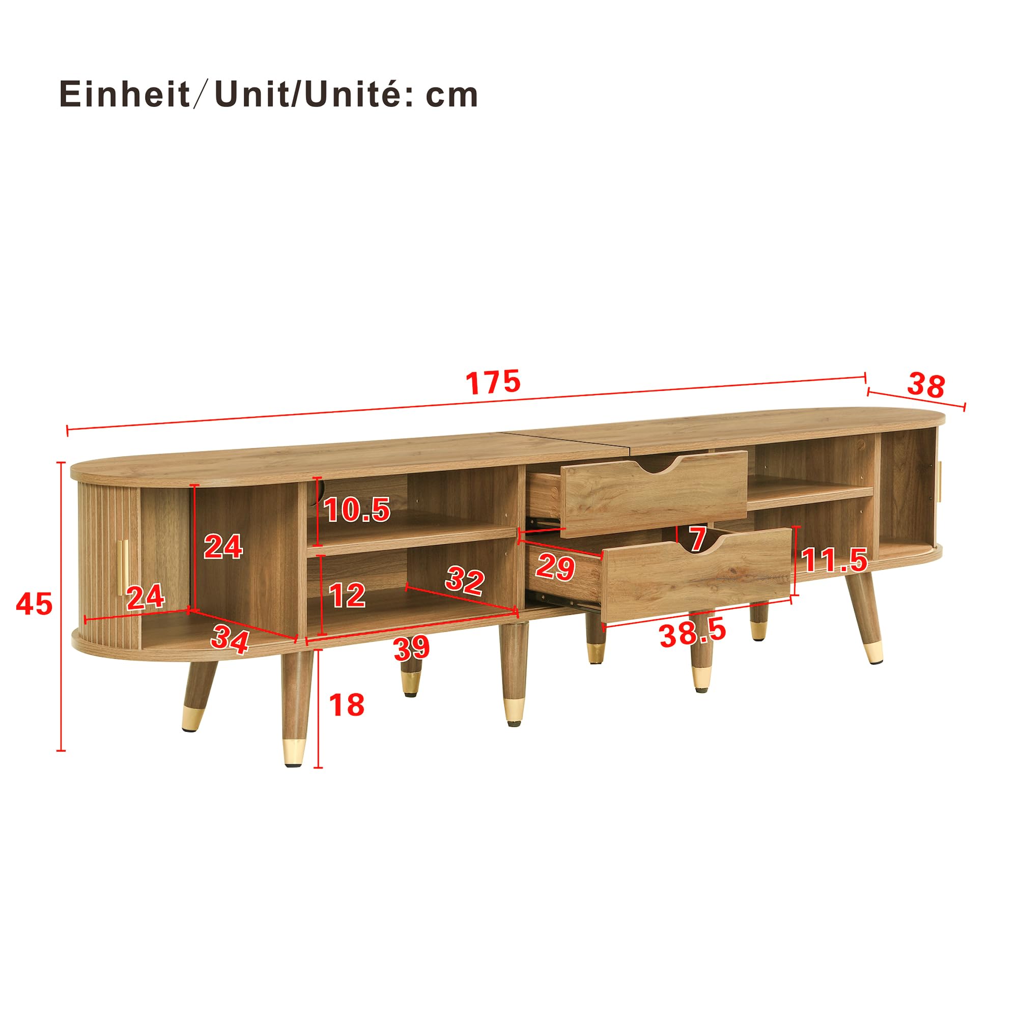 Mobile basso per TV, 175 cm, noce, con anta scorrevole in rattan, scomparti aperti e cassetti, portata 60 kg, stile rustico per soggiorno