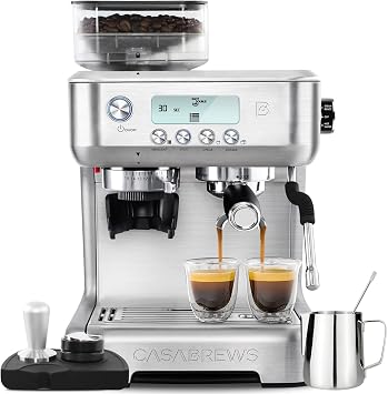 CASABREWS Espresso Machine with Grinder, 20 Bar Professional Espresso Maker with Milk Frother Steam Wand, Barista Cappuccino Latte Machine with LCD Display, Gift for Dad, Mom or Wife