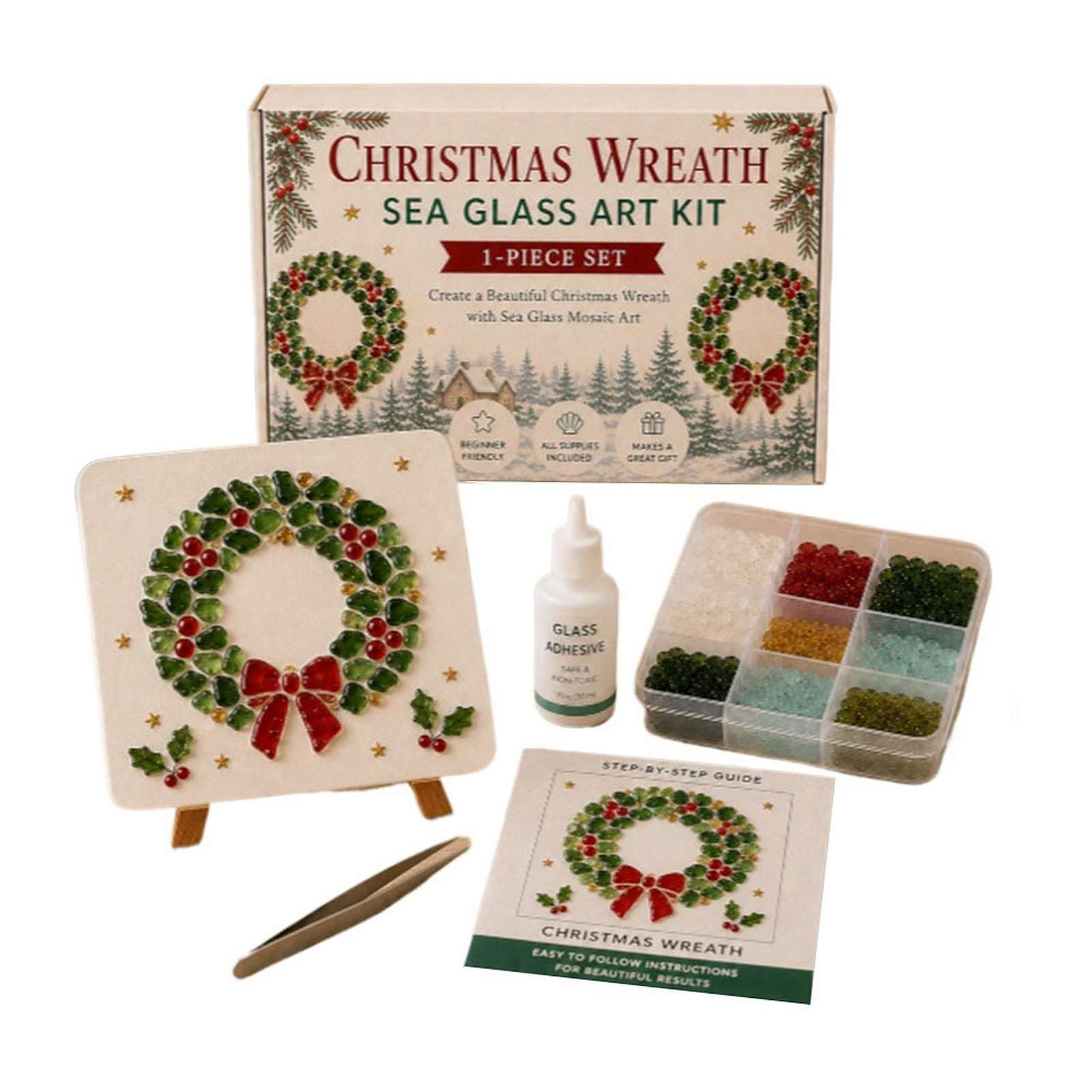 DIY Sea Glass Mosaic Art Kit, Christmas Sea Glass Art Kit with Colorful Glasses Pieces, Santa Tree Reindeer Snowman (Wreath)