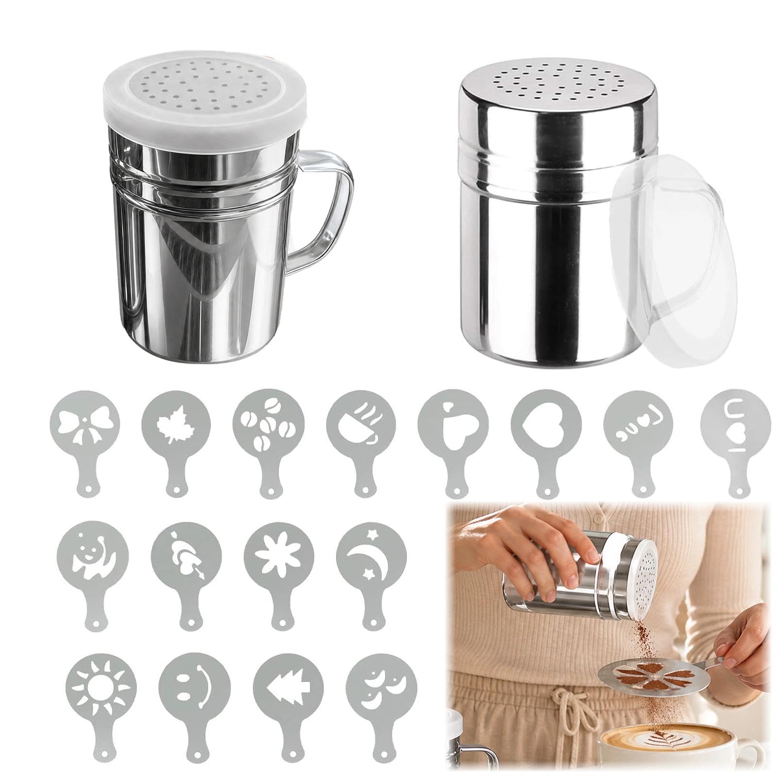 2 Pcs Chocolate Shaker Stainless Steel,Sugar Salt Shaker, Coffee Sprinkle,Fine Mesh Duster with 16 Coffee Stencils for Cake Decorating, Syrup,Cream,Cocoa,Cappuccino