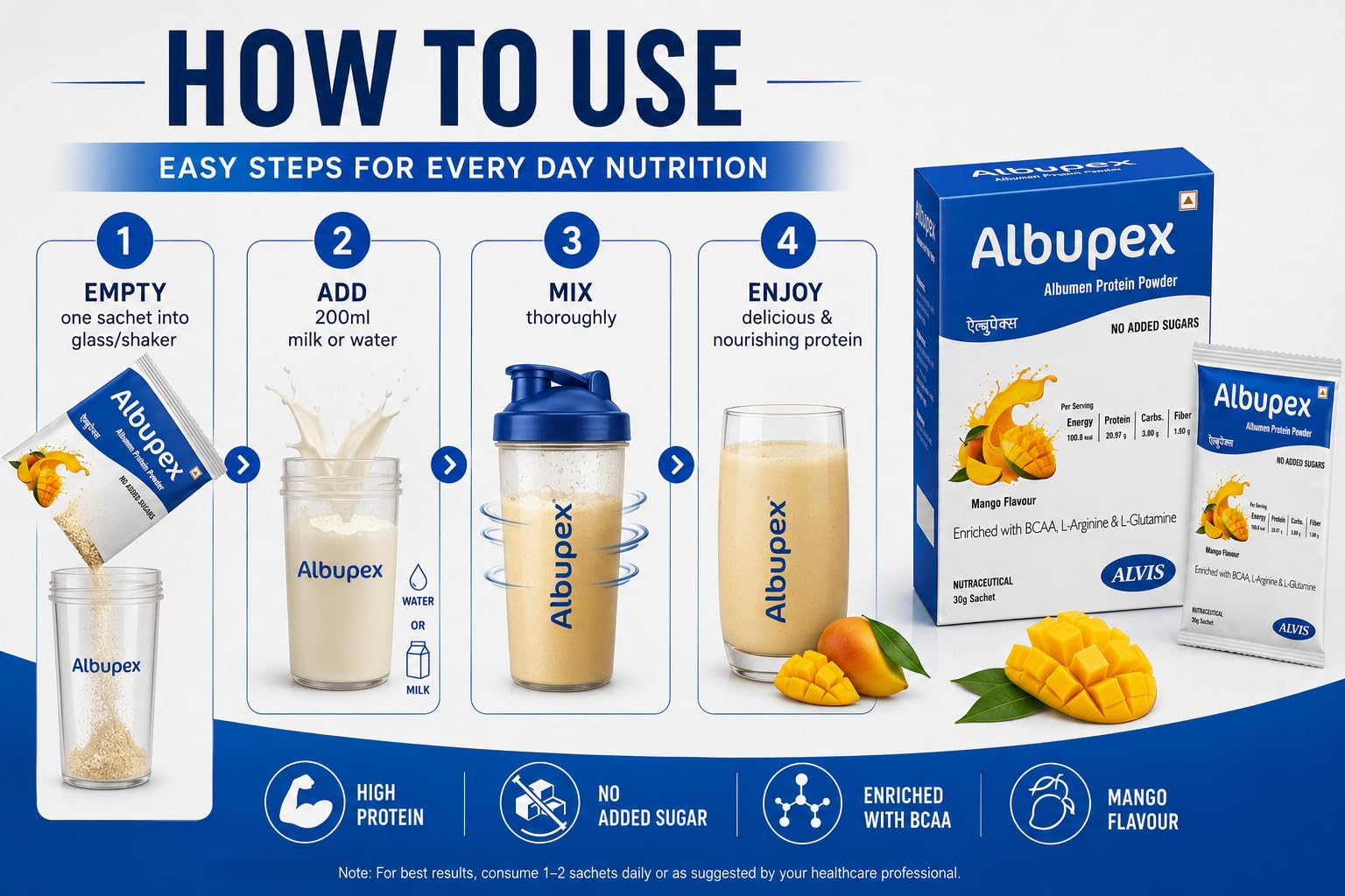 Albupex Albumen Protein Powder Sachet 30g | 20.97g High Biological Value Egg White Protein | BCAA, L-Arginine & L-Glutamine | Mango Flavour — Amazon image 3