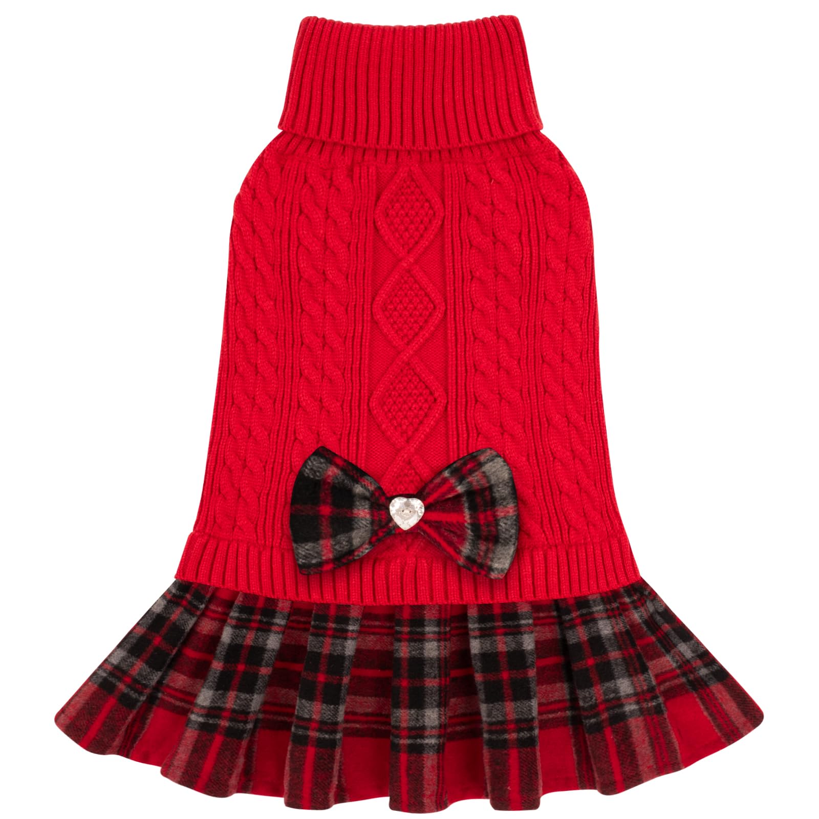 KYEESE Hundepullover Kleid mit Fliege Kariert Rollkragen Hunde Pullover für kleine Hunde Warm Pet Sweater Strickwaren Rot