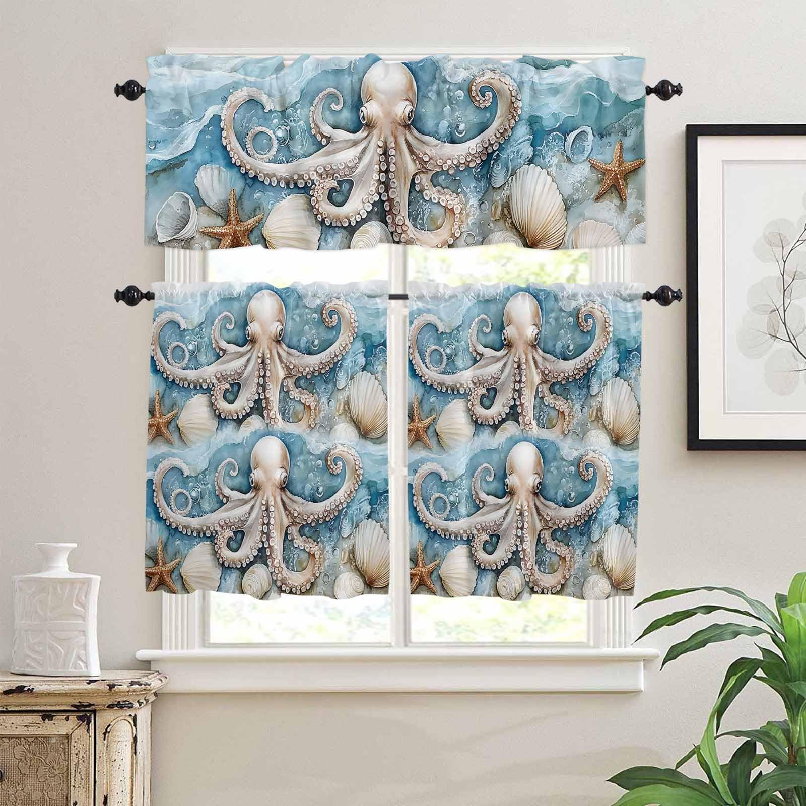 Octopus Kitchen Curtains 36 Inch Length, 3 Piece Rod Pocket Small Half Tiers and Valance Set, Coastal Ocean Starfish Shell Blue Watercolor Small Large Window Treatment Decor for Bedroom/Bathroom Sink