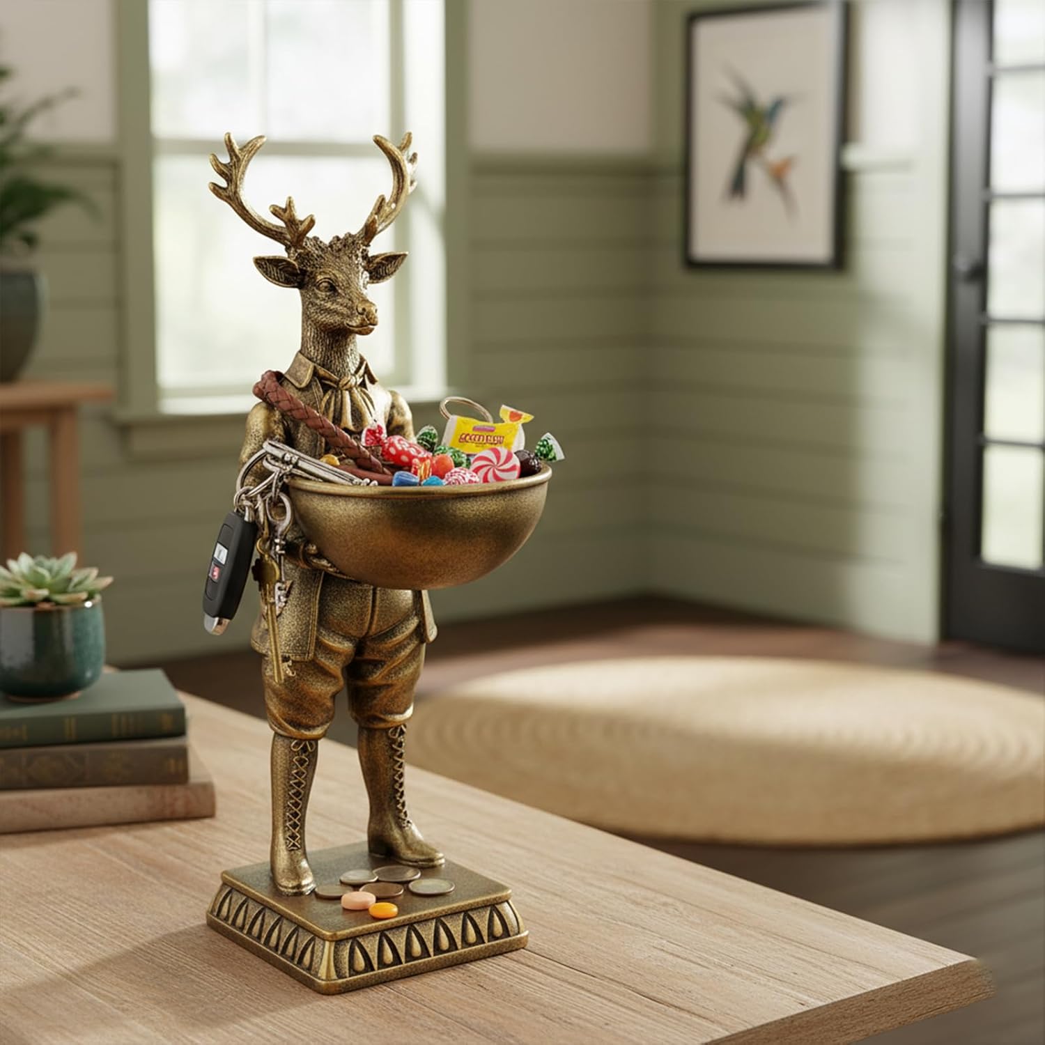 12.6 Inch Vintage Golden Deer Statue with Bowl,Deer Figurine Resin Tray Serving Easter Decorations, Home Arts Desktop Accessories Table Decor,Candy Key Purse Bowl (Brass Color)