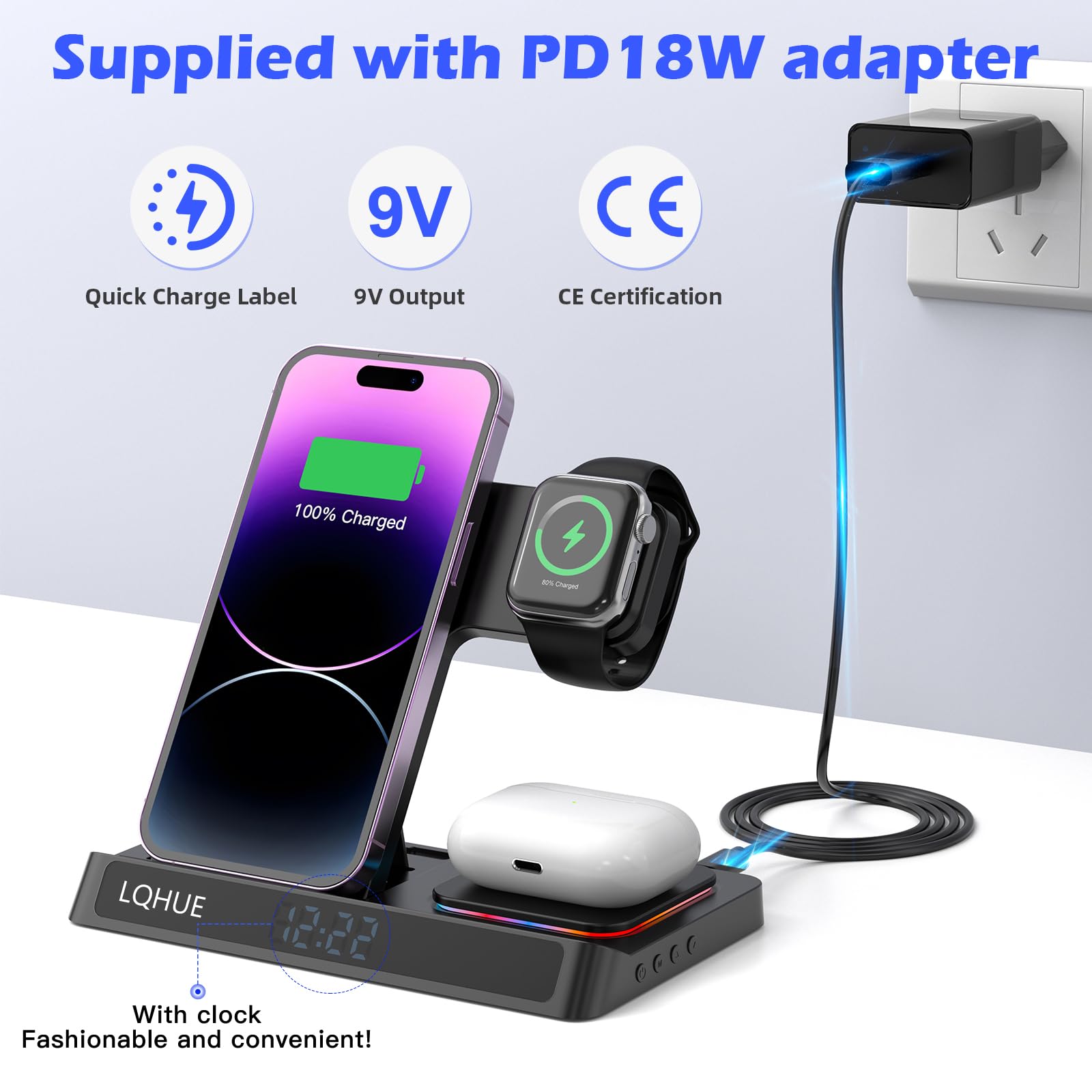 Caricatore wireless 4 in 1 Caricatore per iPhone 16 15 14 13 12 11 Pro SE X XS XR & Watch 9 8 7 6 SE 5 4 3 2,Ricarica Wireless Per i-Watch Ultra 9 8 7 6 SE 5 4 3 Wireless earphones 3/Pro 2