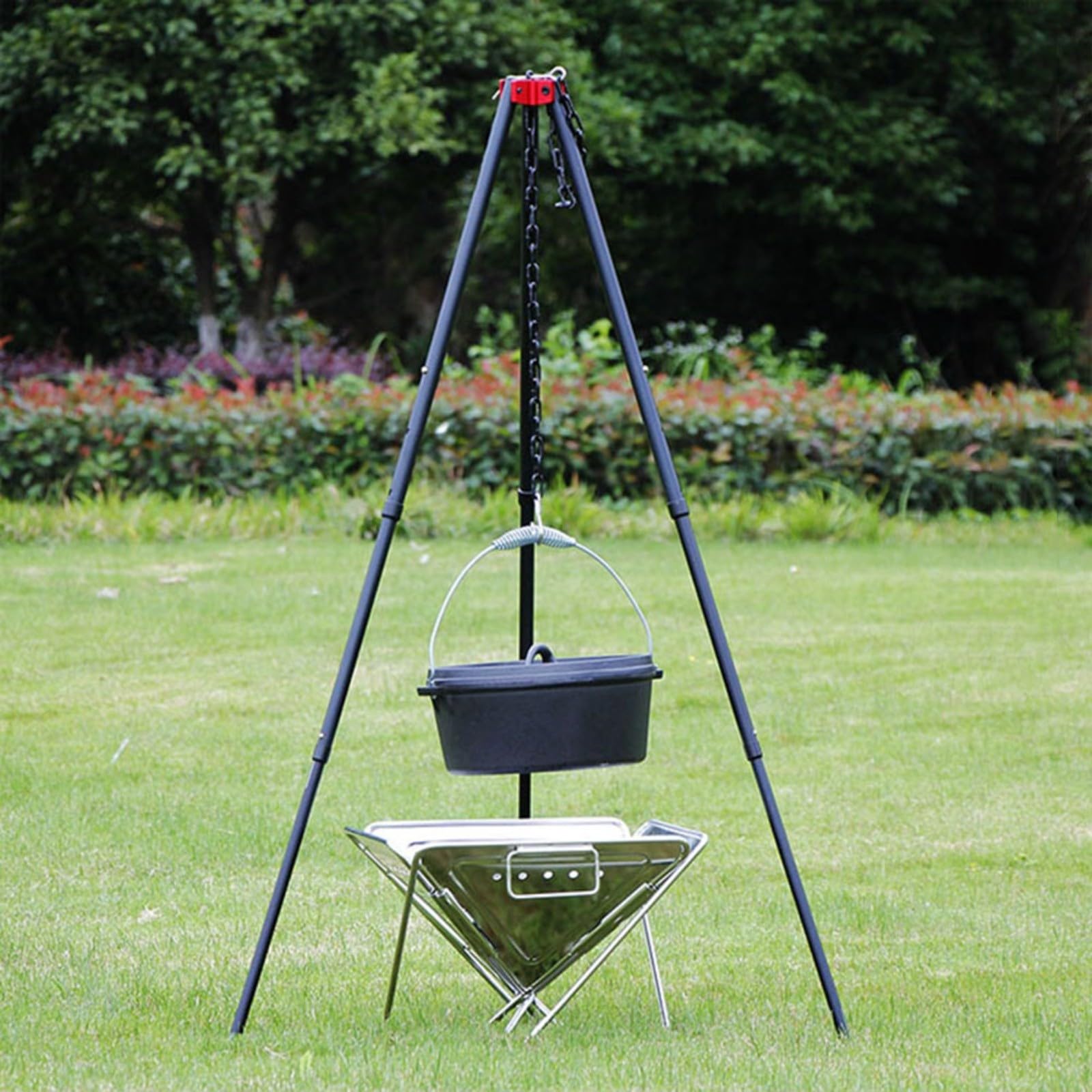 Aleación de aluminio Camping trípode Pot Holder 124cm Altura ajustable Soporte colgante para fogata Luces de cocina Picnic al aire libre Negro