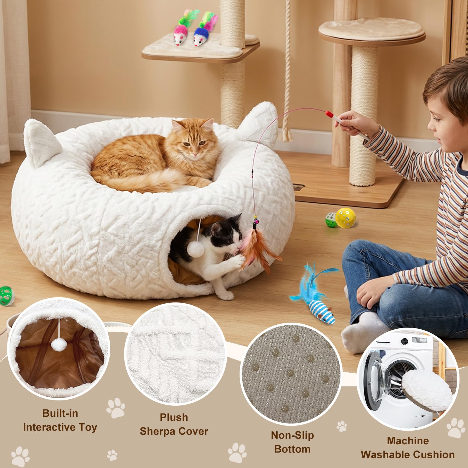 Katzentunnel Rund Weiß mit Katzenbett, Plüsch Katzen Donut Tunnel mit 11 interaktiven Spielzeugen & Waschbarer Matte, Peekaboo Katzenhöhle Spieltunnel unter dem Weihnachtsbaum für Katzen