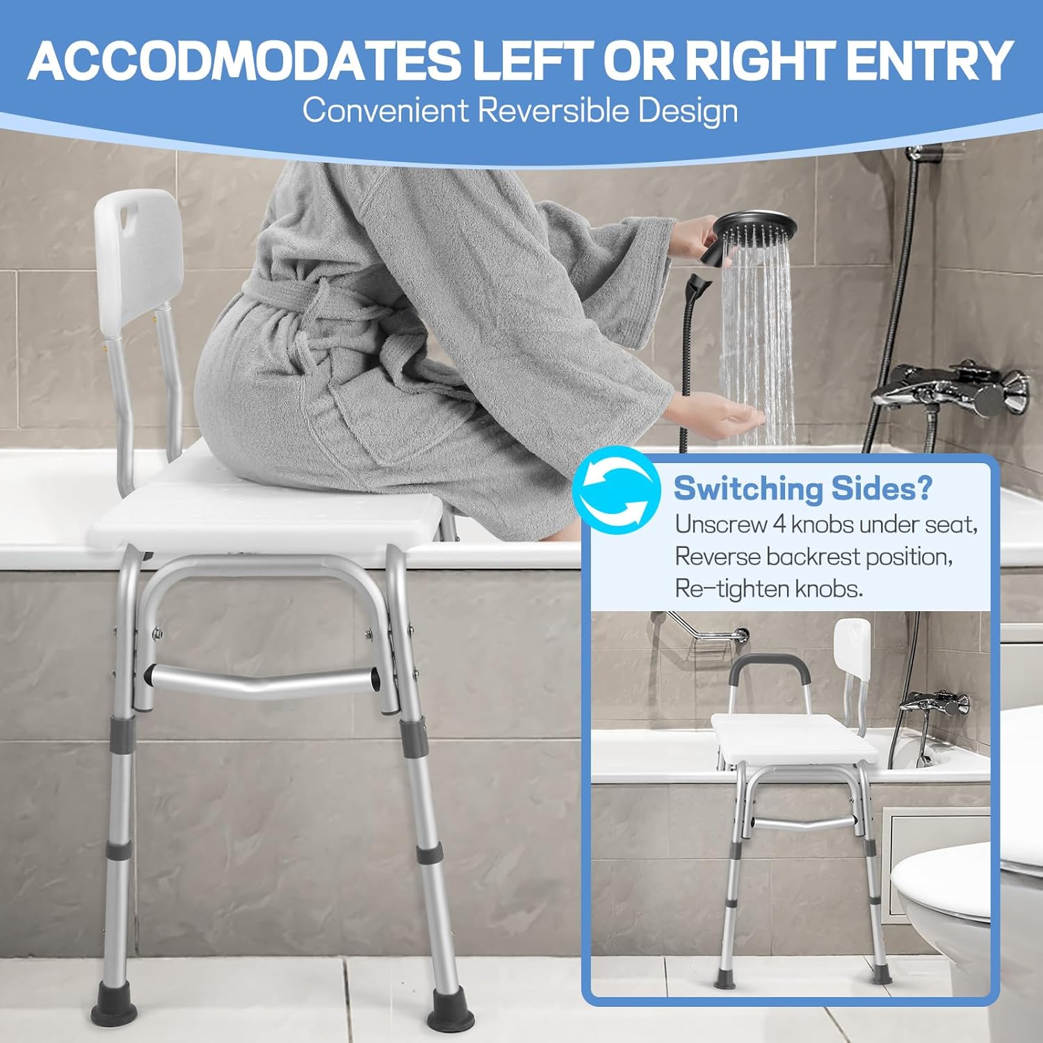 TABEKE Tub Transfer Bench for Bathtub, Tool Free Assembly Shower Chair with Backrest & Armrest, Height Adjustable Shower Bench, Shower Seat for Elderly and Disabled