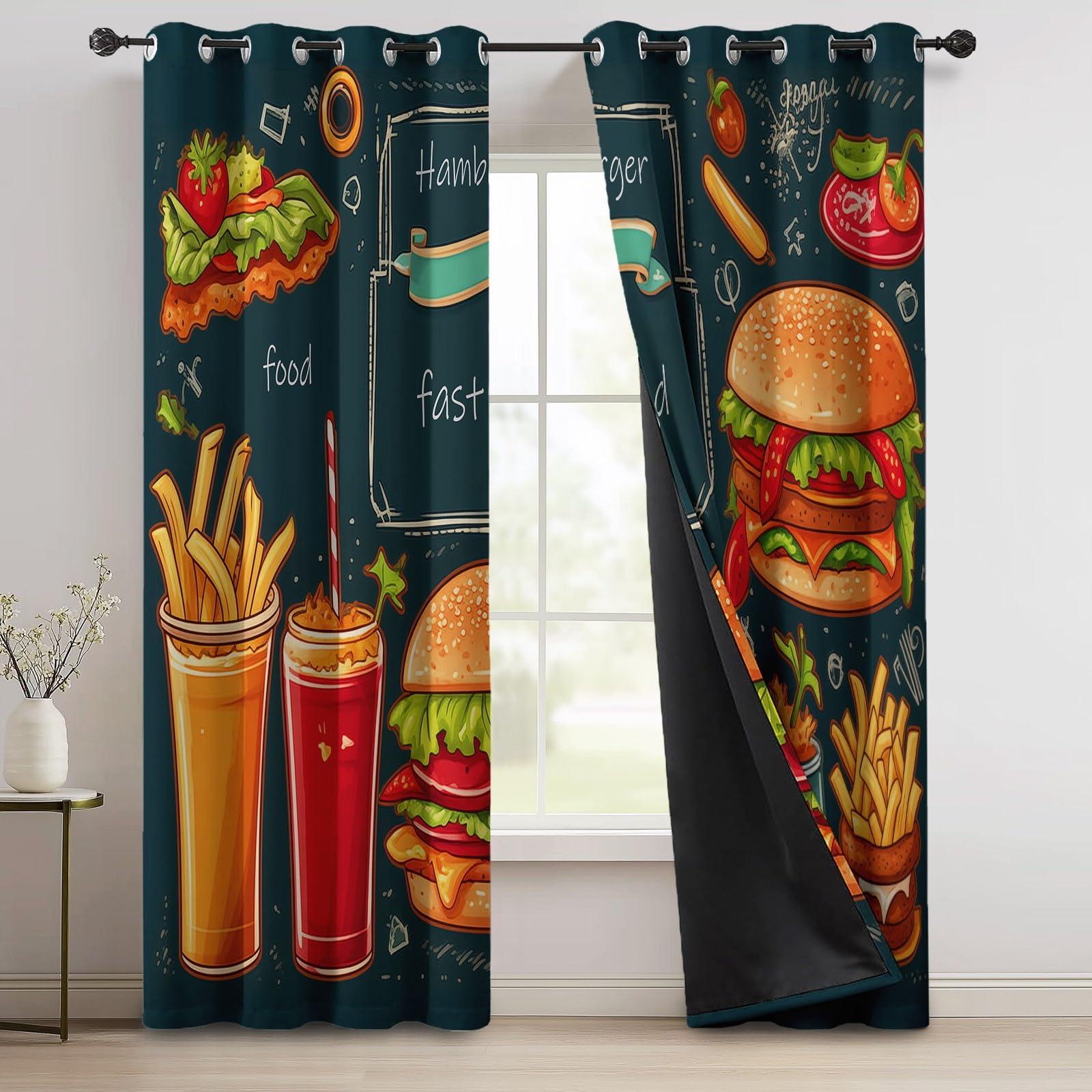 Thermo-Vorhänge H214 x B91.5 cm (2er Set), Bunt Cartoon-Fast-Food-Menü Hamburger, Gardinen für Balkontüren und Arbeitszimmer