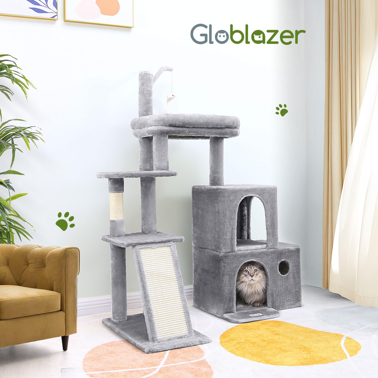 Globlazer Kratzbaum Stabil mit 2 Große Katzenhaus 90° Drehbares, 2 Groß Basis, Gepolsterte Plattform, Sisal Kratzbrett, Katzenspielzeug, Katzenbaum für Katzchen Große Katzen Senioren (F50, Hellgrau)