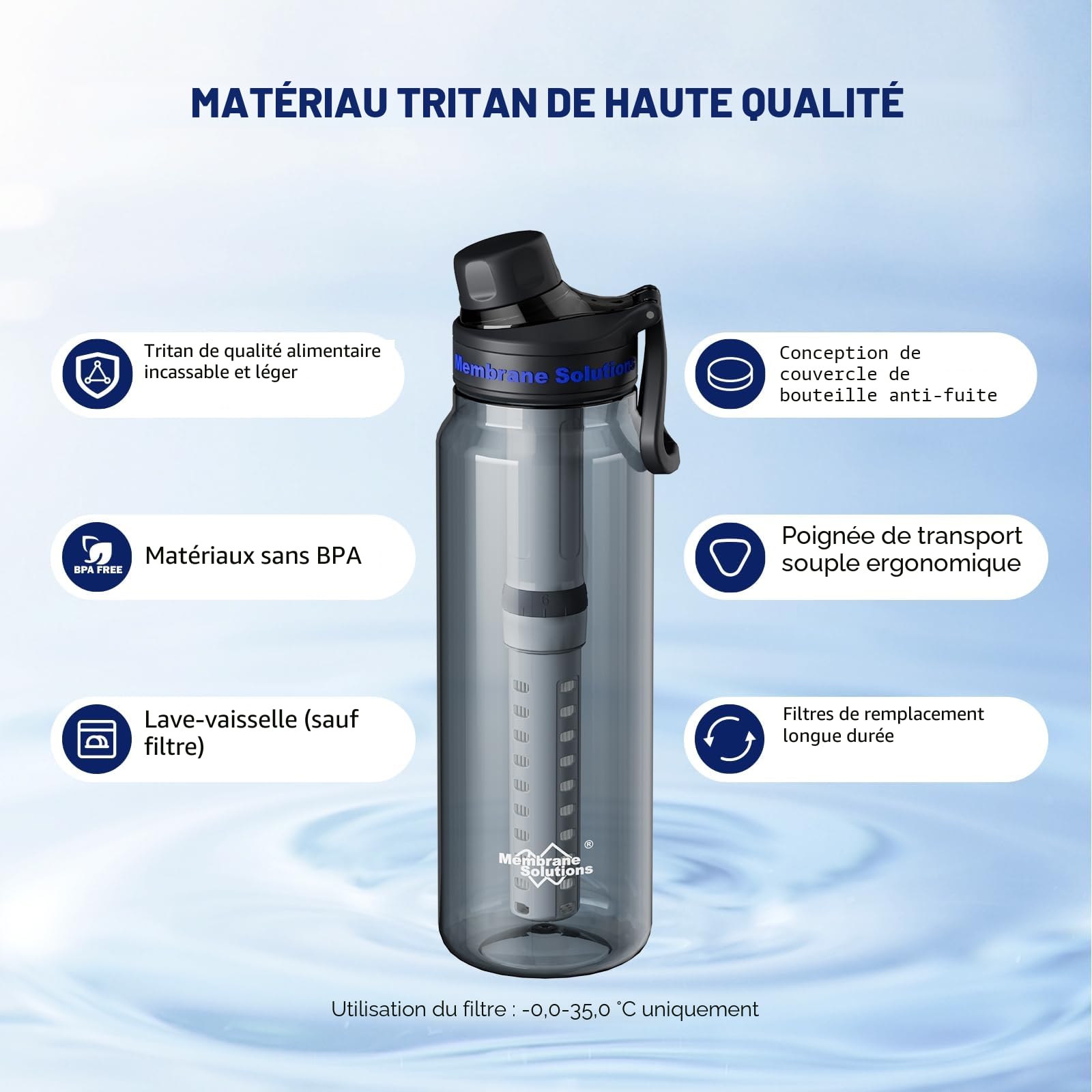 Membrane Solutions Gourde filtrante eau survie 1L avec cartouche ACF UF 4000L 0,1μm sans BPA Gris