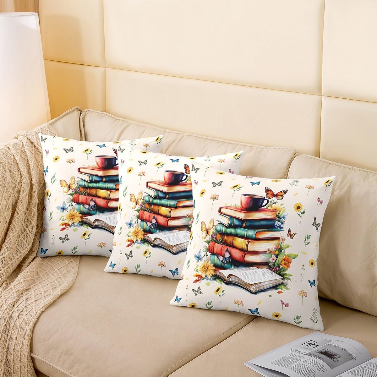 Castle Fairy Magical Books Pillow Covers for Sofa Couch Chair Watercolor Butterfly Throw Pillow Covers Spring Theme Floral Outdoor Pillow Cover Afternoon Tea Style Cushion Cover 22"x22",Set of 2