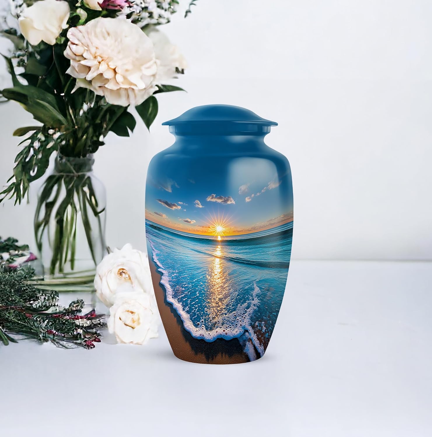 Beach Funeral Urns for Ashes Adult Male and Female 10 Inch - Blue Burial Urn for Human Ashes Mother and Father - Sunset Cremation Urns Adult Daughter and Son Remains