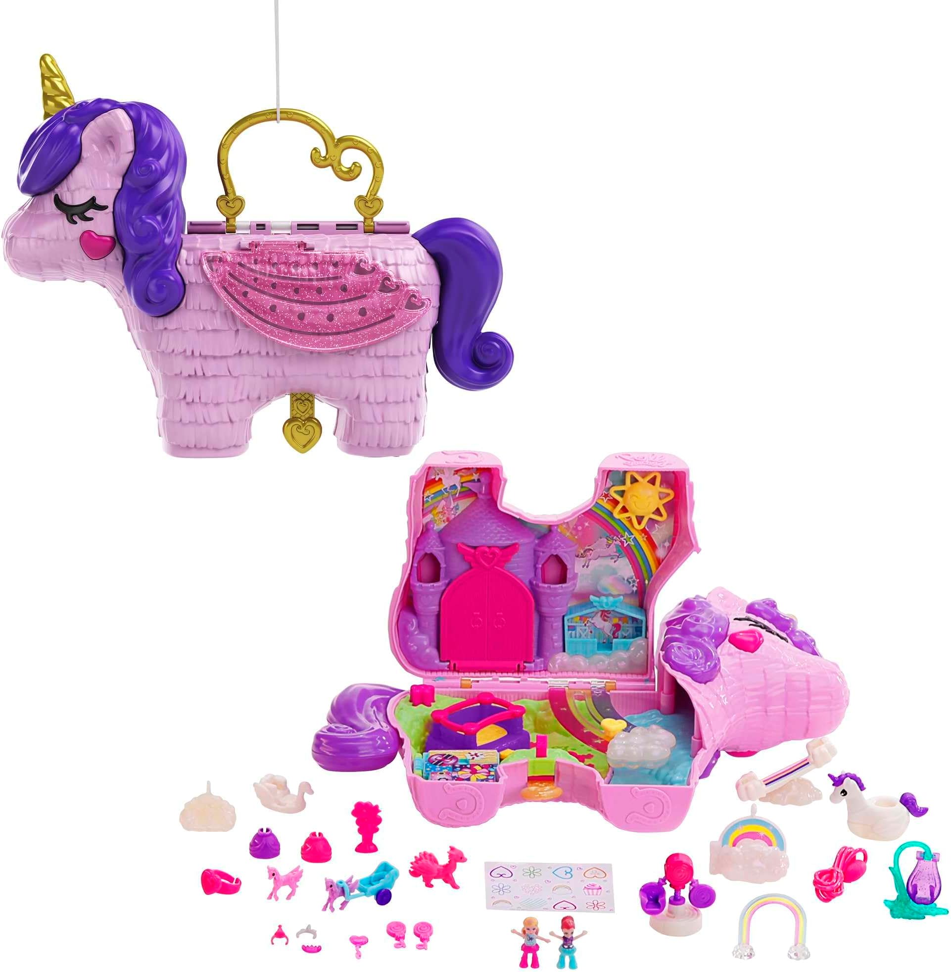 Polly Pocket Micro, Unicorn Party Playset, Pink Unicorn Toy with Purple Hair, 25 Toy Surprises Inside, Toys for Ages 4 and Up, One Polly Pocket Playset, GVL88
