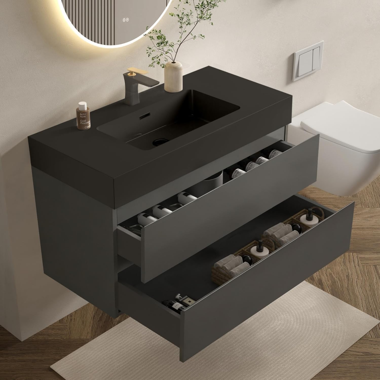 Pre-Assembled 36 Floating Bathroom Vanity with Black Sink Gray
