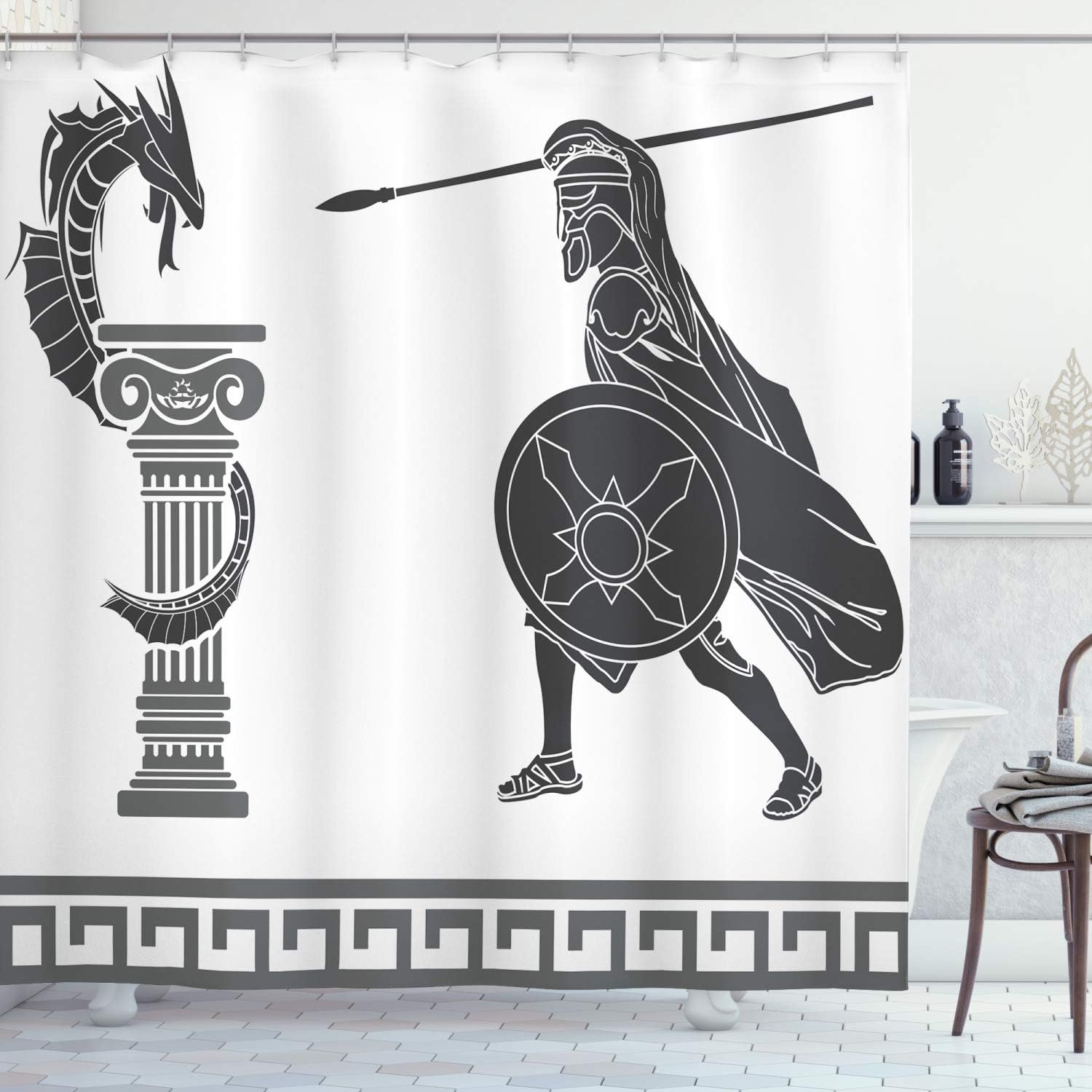 Ambesonne Retro Shower Curtain, Mythological Scene Hero and Dragon Hellenic Fantasy, Cloth Fabric Bathroom Decor Set with Hooks, 69" W x 84" L, Charcoal Grey