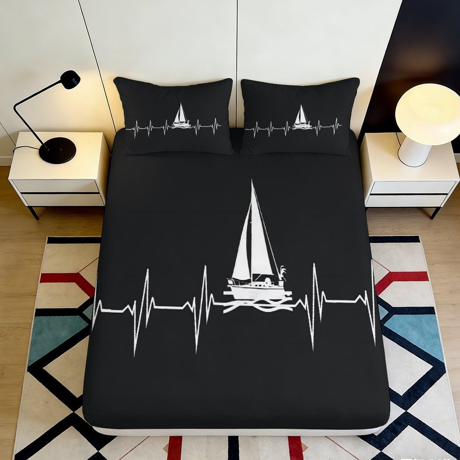 3D Printed Sailboat Black Fitted Sheet Microfiber Soft Breathable Heartbeat Bed Cover for Bedroom Guest Room Decor 90x200x25cm