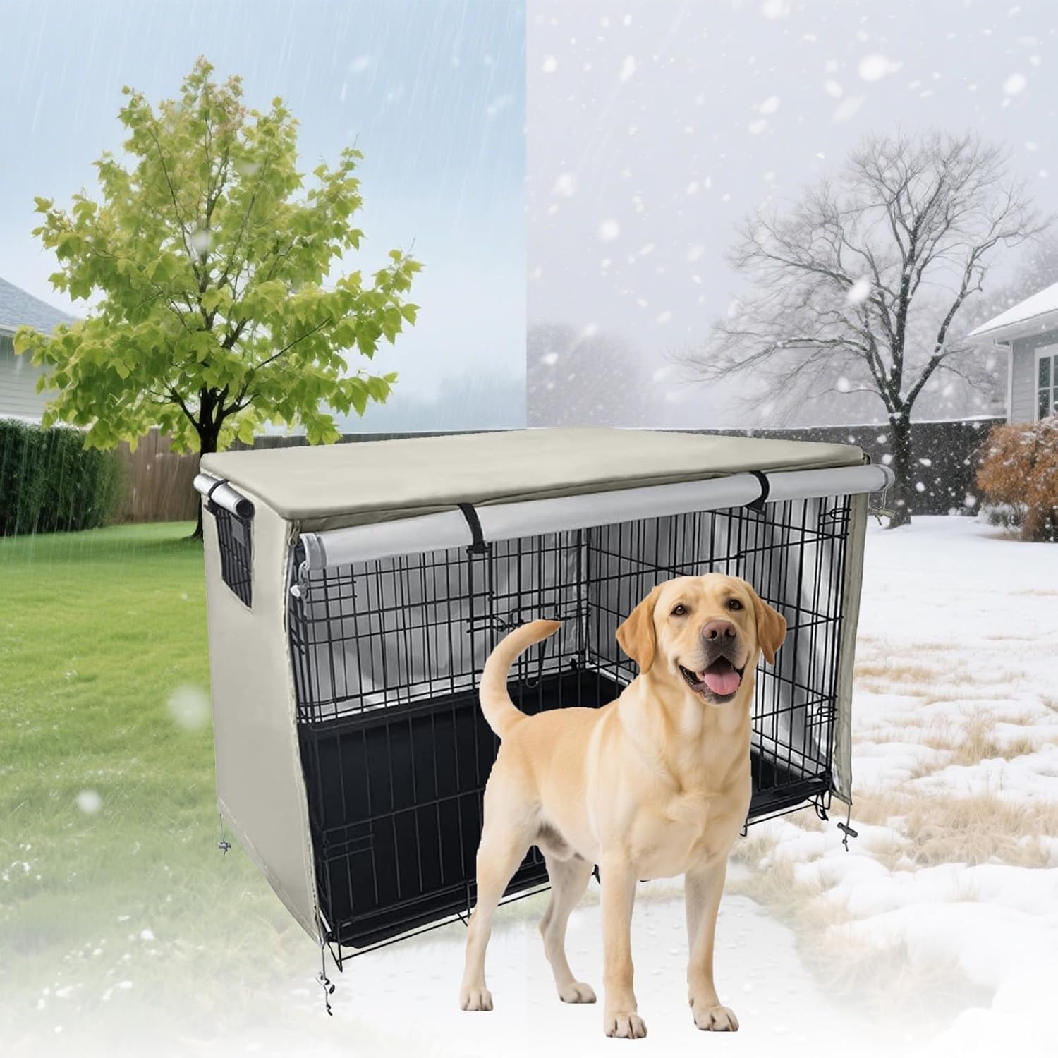 Universal Pet Cage Cover, Outdoor Waterproof Oxford Fabric with Breathable Door and Window, Privacy Dog Kennel Cover Fits Most 24/30/36/42/48 Inch Crates, Only Cover
