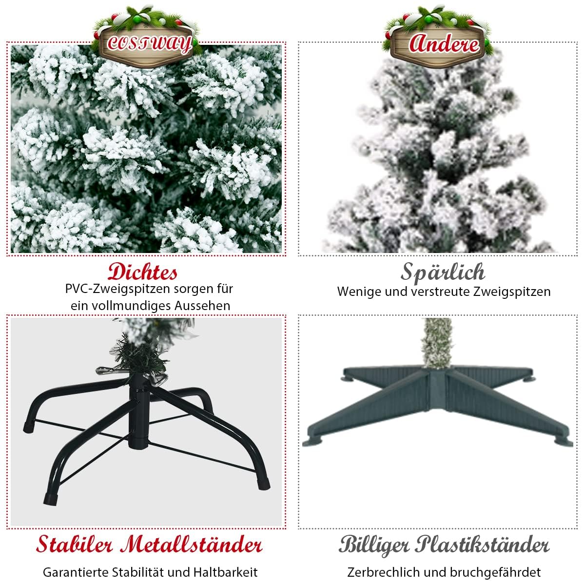 COSTWAY 135/180/225cm Künstlicher Weihnachtsbaum mit Schnee und warmweißen LED-Leuchten, Tannenbaum mit Metallständer, Christbaum PVC Nadeln, Kunstbaum Weihnachten grün (180cm)
