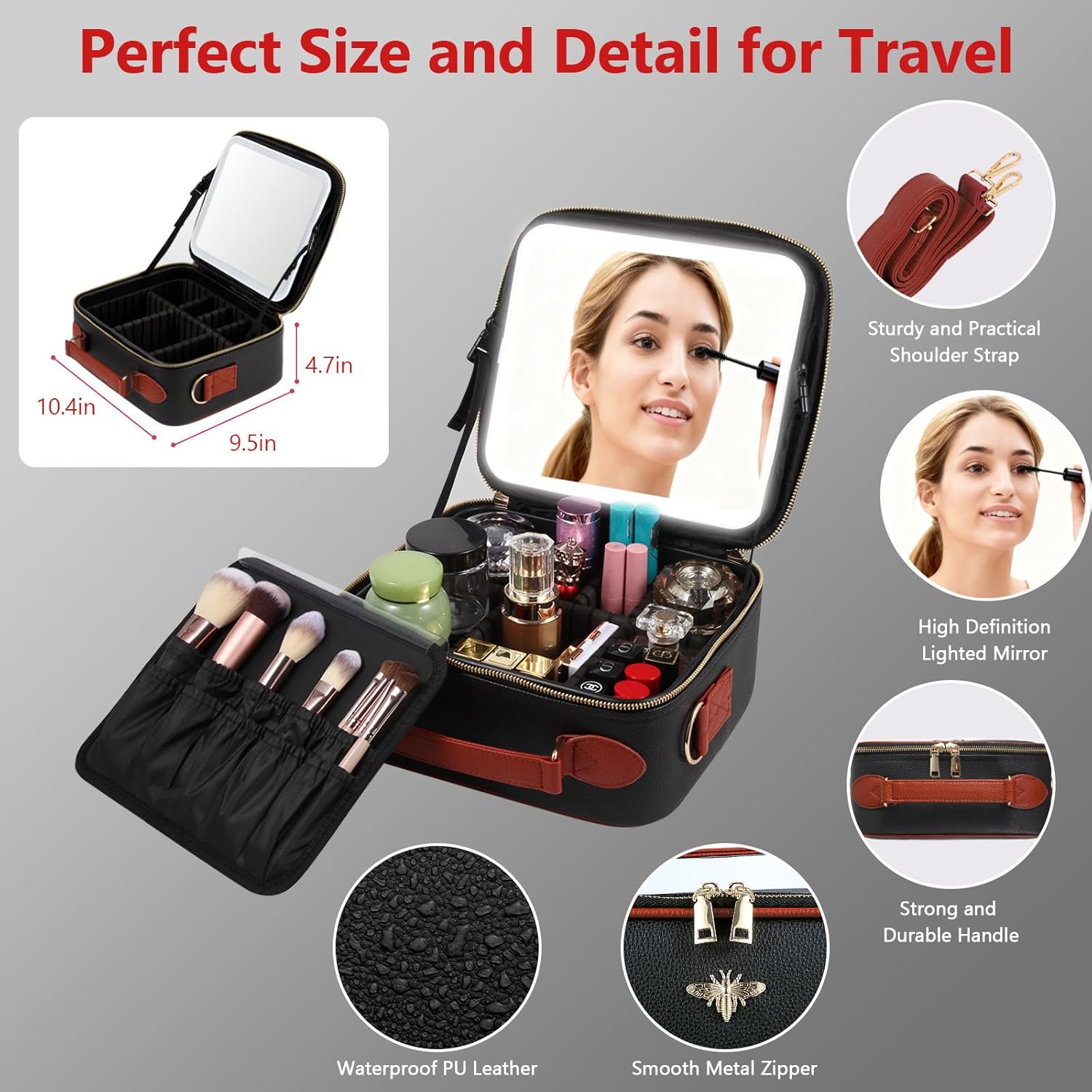 Travel Makeup Bag with Light Up Mirror, Portable Makeup Bag with Led Light Women Waterproof Makeup Travel Case adjustable dividers Rechargeable Vanity Mirror with 3 Color Lights (Black) - Image 4