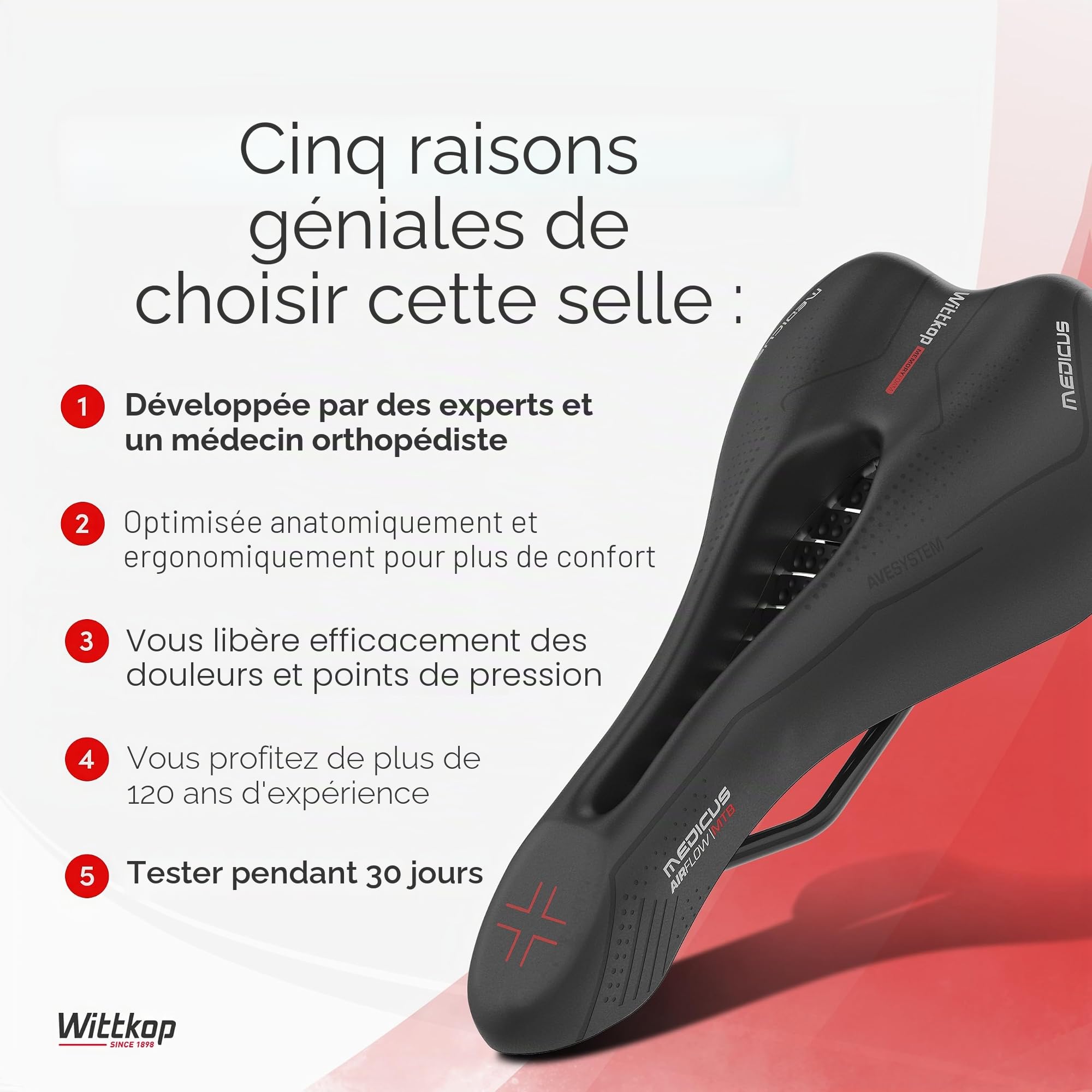 WITTKOP Selle de vélo avec Concept innovant Medicus à 5 Zones et Rembourrage orthopédique en Mousse à mémoire de Forme I Selle de vélo Confortable pour Hommes et Femmes I VTT, Trekking, Ville