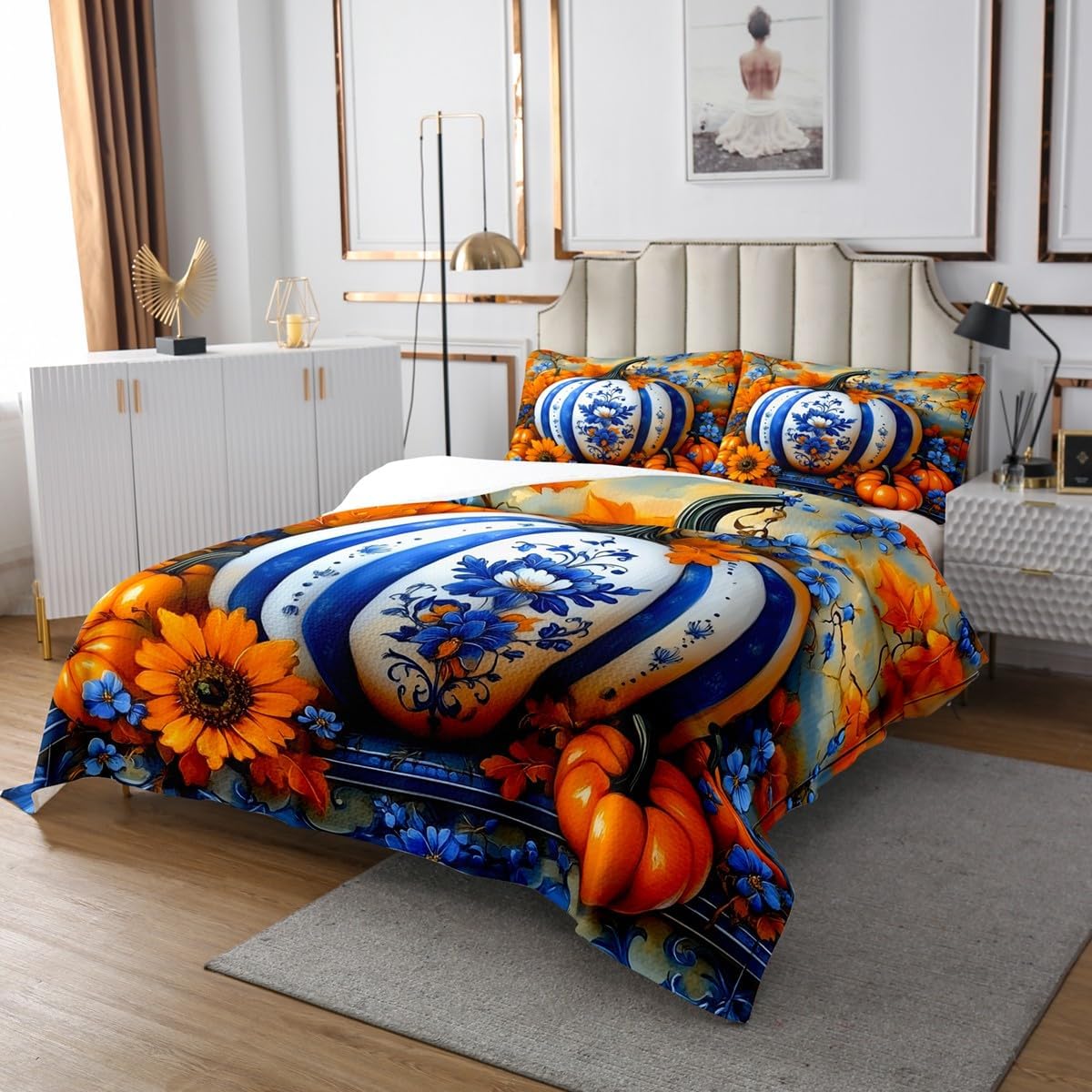 Erosebridal Autumn Harvest Bedspread Queen Fall Pumpkin Flower Quilt Set Happy Thanksgiving Day Coverlet Set for Kids Adults,Farm Maple Leaf Sunflower Bedding Quilted