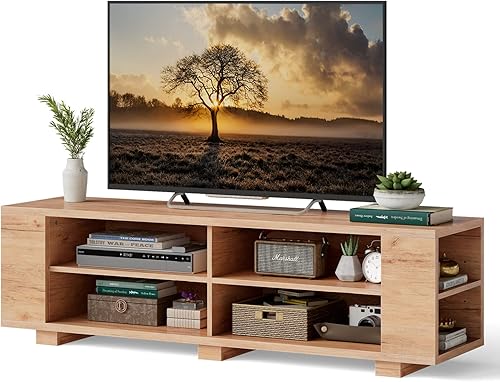 Miniatura 11 de KOTEK Soporte de TV de madera para televisores de hasta 65 pulgadas, mesa consola de TV con 8 estantes de almacenamiento abiertos, moderna mesa de