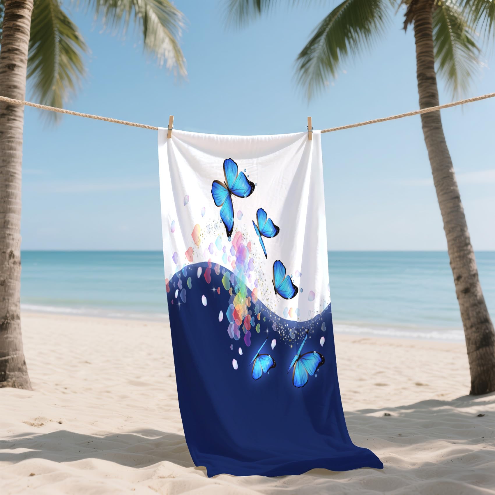 Serviette de Plage XXL Microfibre Papillon Bleu Cœur Romantique, Drap de Plage Séchage Rapide Anti Sable & Légère, Serviette de Bain Grande Taille 200x200 cm, Accessoire & Cadeau été