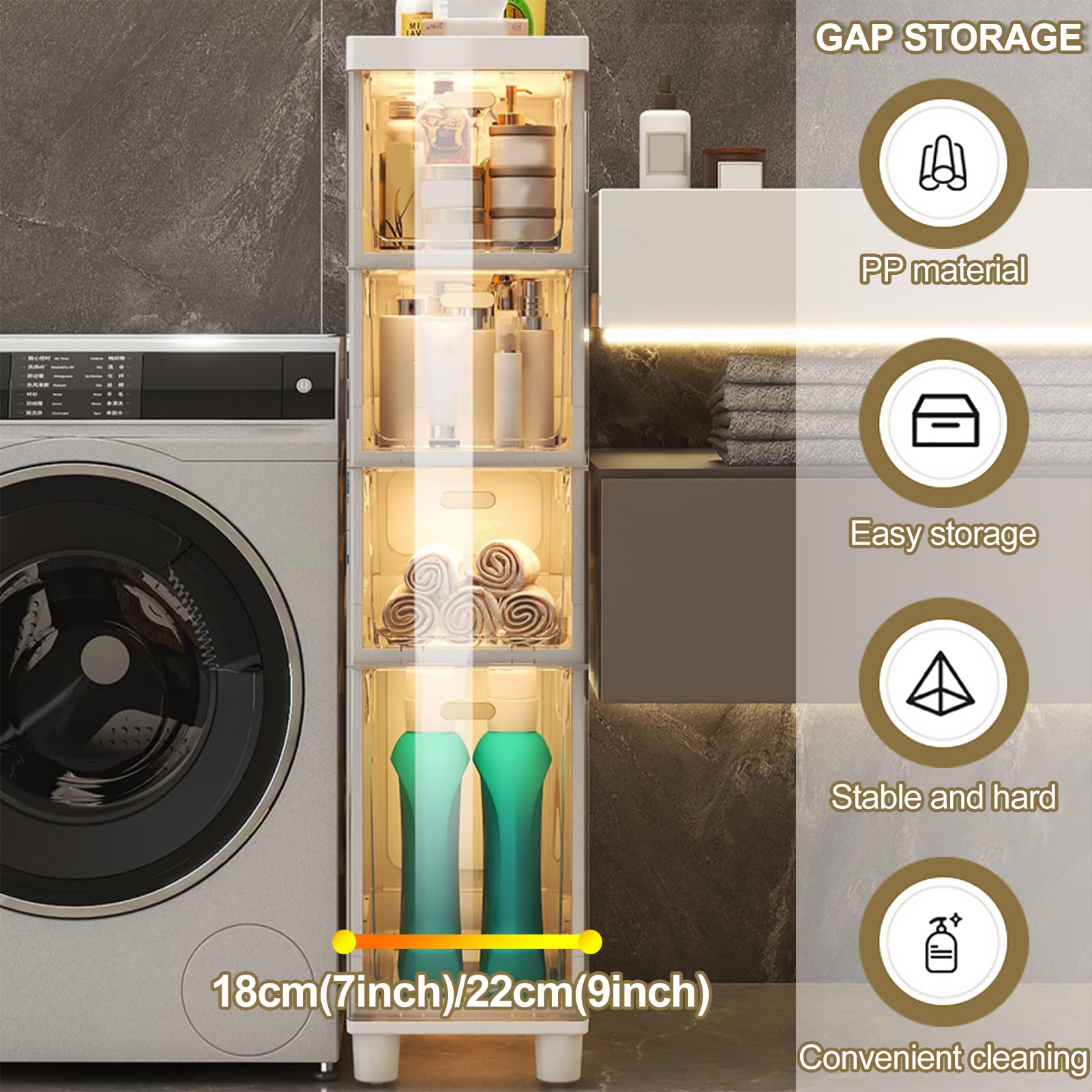 Gabinete de piso para baño con cajones de almacenamiento apilables Gabinete de baño Delgado de almacenamiento, Gabinete de almacenamiento de Papel higiénico Delgado de gr