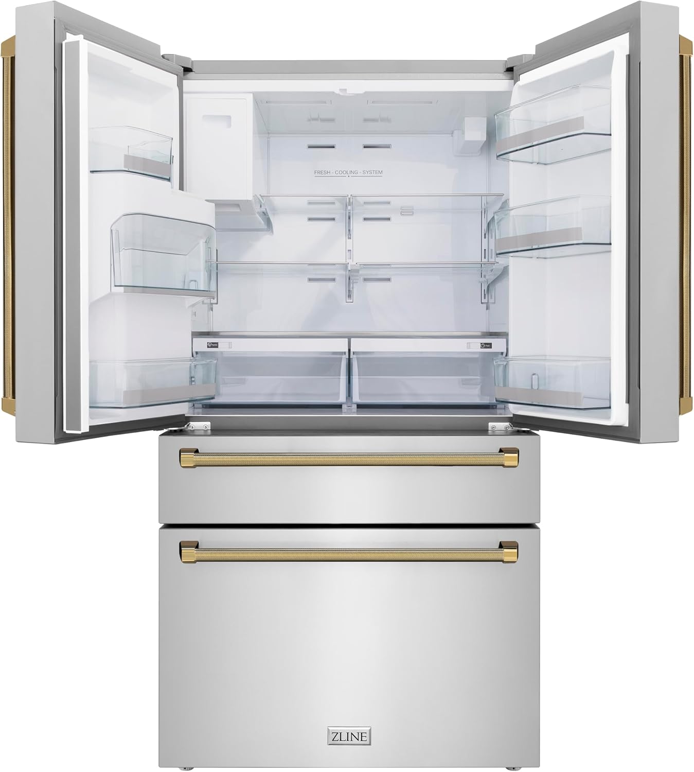 ZLINE Autograph Edition 36 in. 21.6 cu. ft. Counter-Depth French Door Refrigerator with Water and Ice Dispenser in Fingerprint-Resistant Stainless Steel with Polished Gold Helix Handles