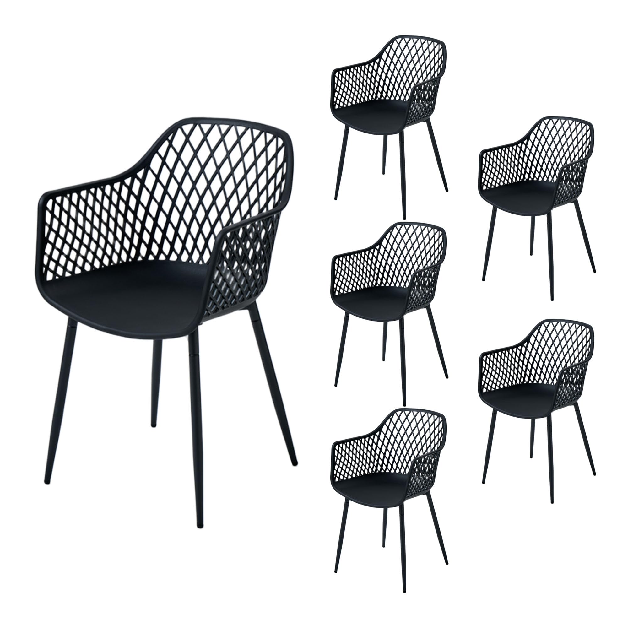 Juego de 6 sillas de Comedor con Respaldo geométrico Moderno de plástico para Patio con Patas de Metal, Silla de jardín al Aire Libre, Silla de Comedor con Brazos para balcón, Color Negro